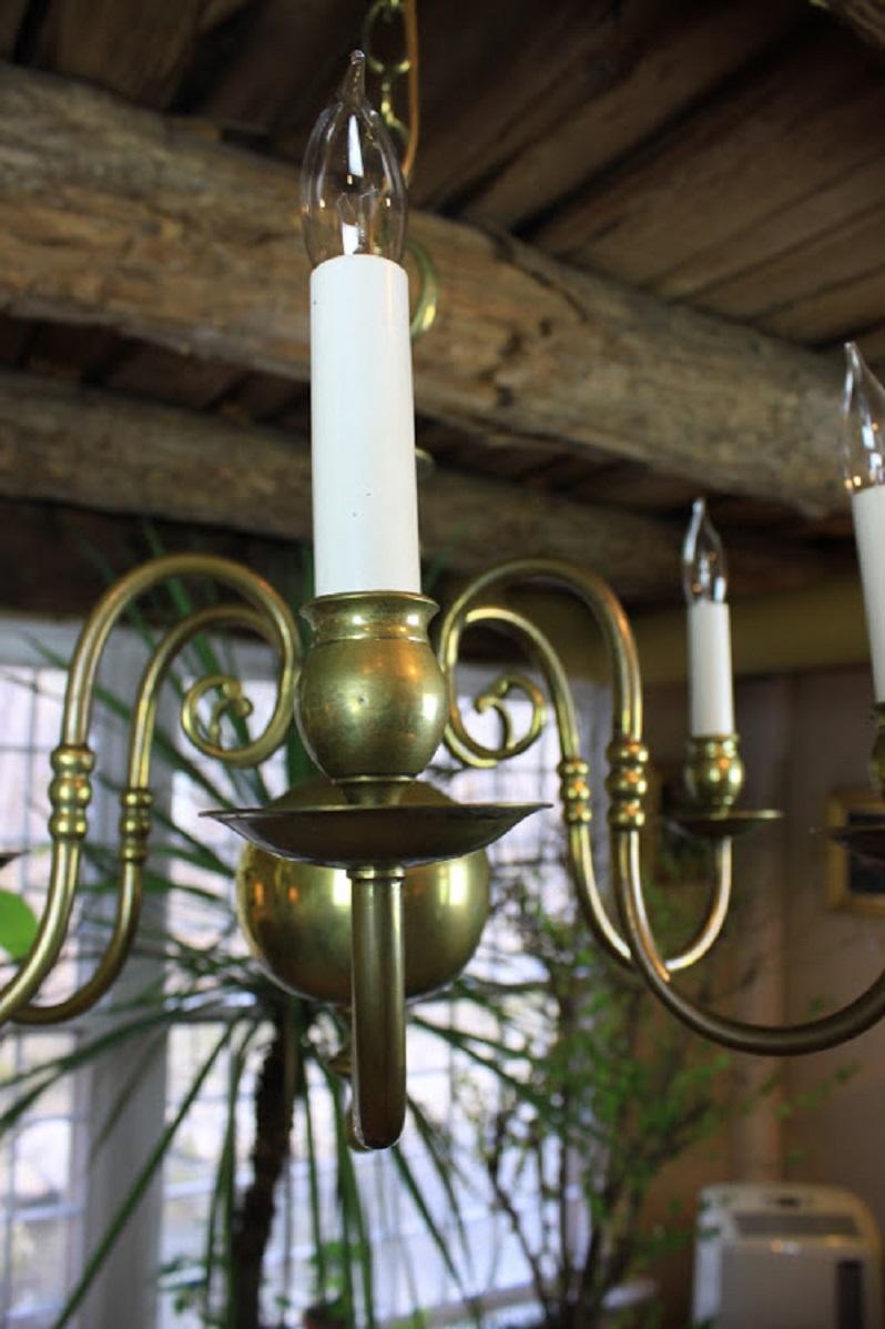 19th Century English Six-Arm Brass Chandelier In Excellent Condition In Woodbury, CT