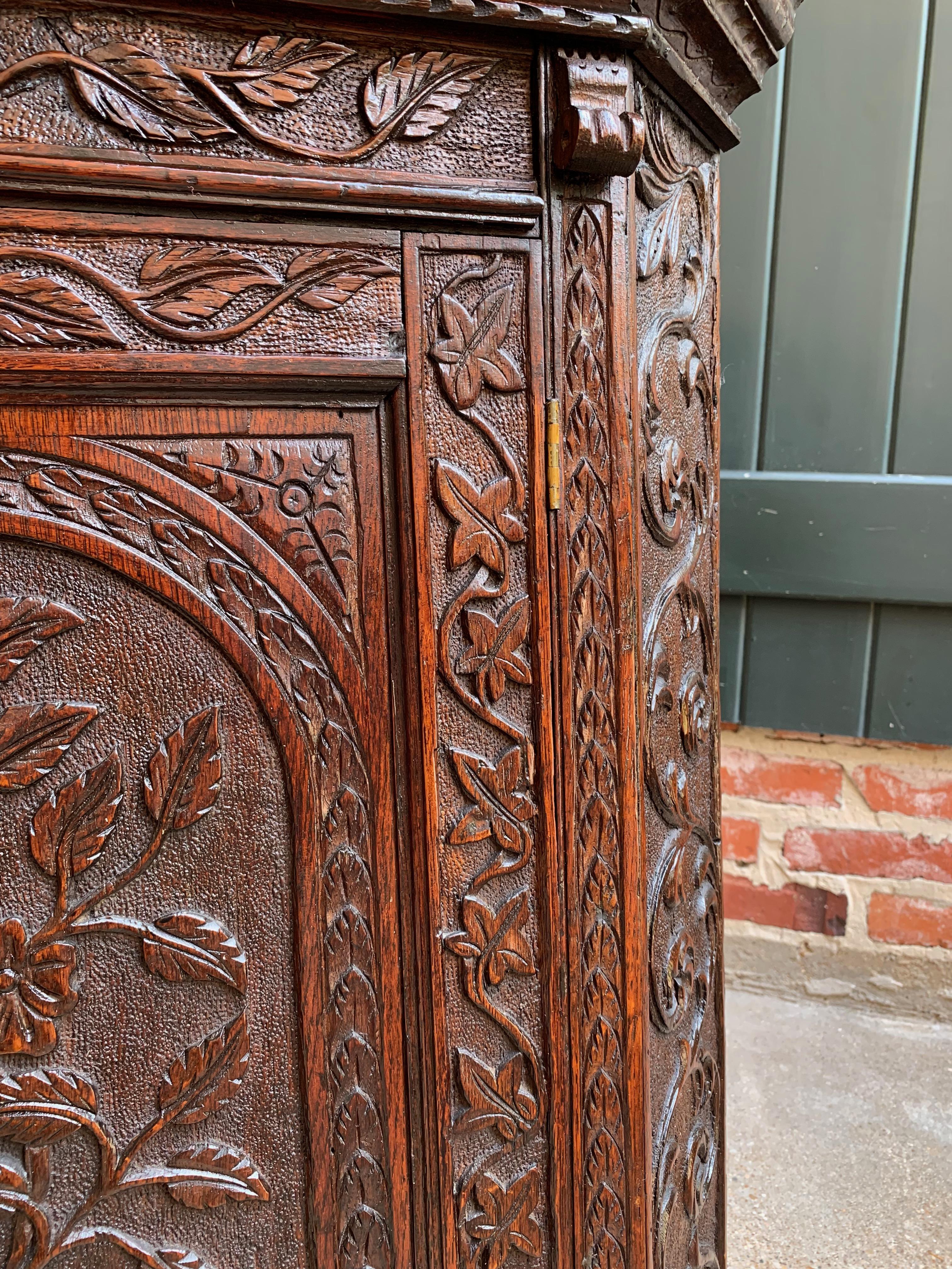 19th Century English Small Carved Oak Corner Wall Cabinet Victorian Stag Deer 2