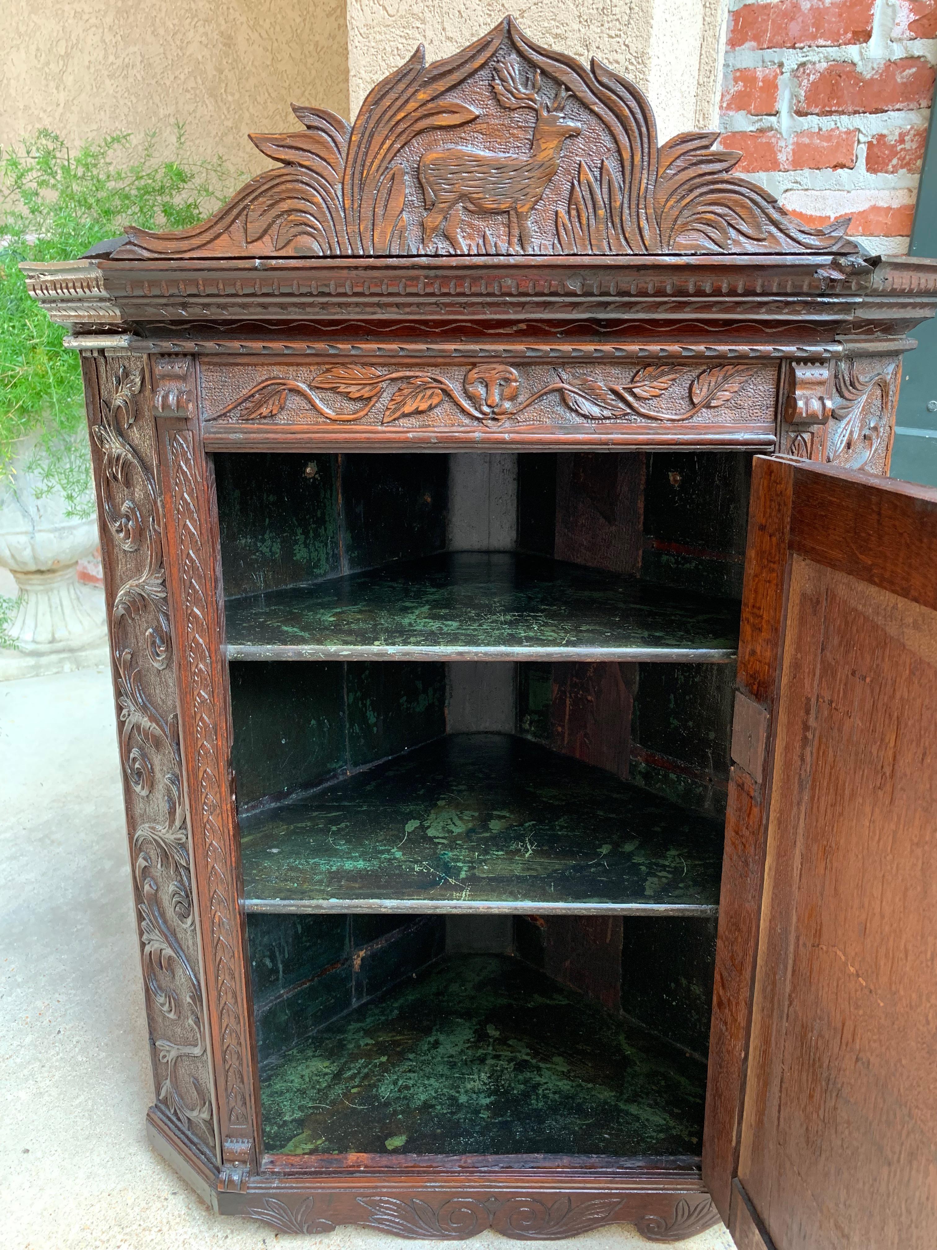 19th Century English Small Carved Oak Corner Wall Cabinet Victorian Stag Deer 7