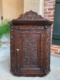 19th Century English Small Carved Oak Corner Wall Cabinet Victorian Stag Deer