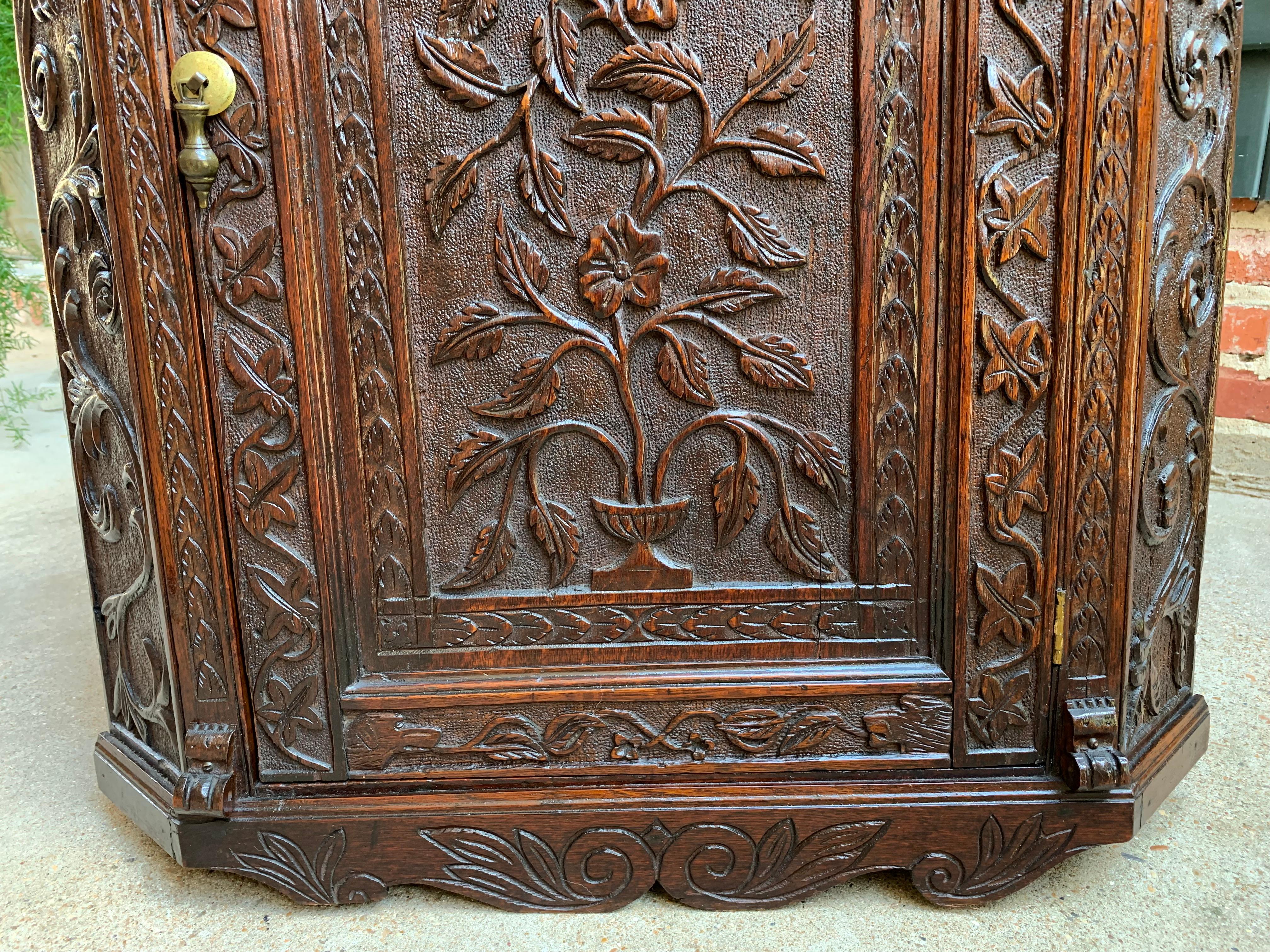 Hand-Carved 19th Century English Small Carved Oak Corner Wall Cabinet Victorian Stag Deer