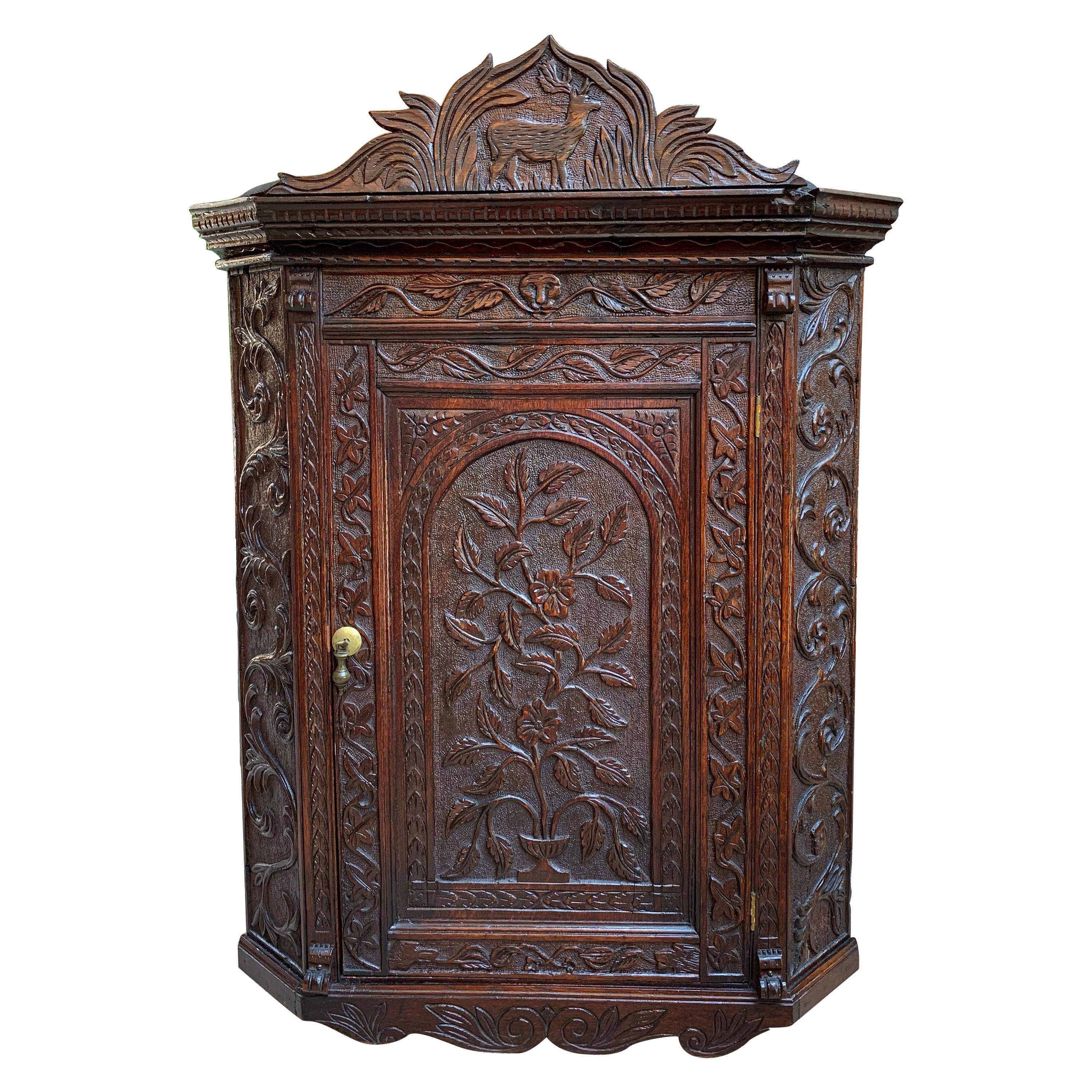 19th Century English Small Carved Oak Corner Wall Cabinet Victorian Stag Deer