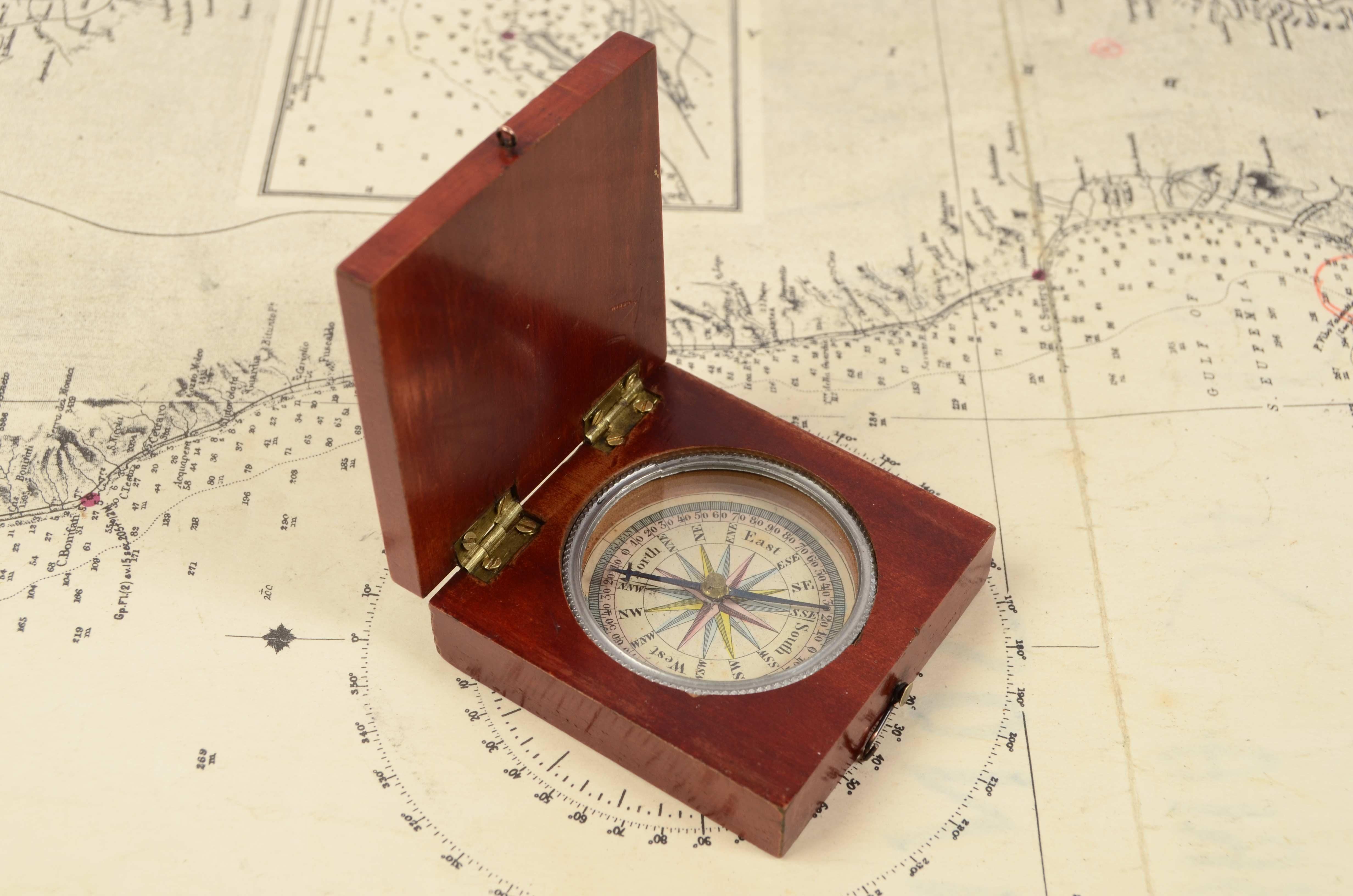 19th Century English Small Wood Pocket Travel Compass Card with 16 Winds In Good Condition In Milan, IT