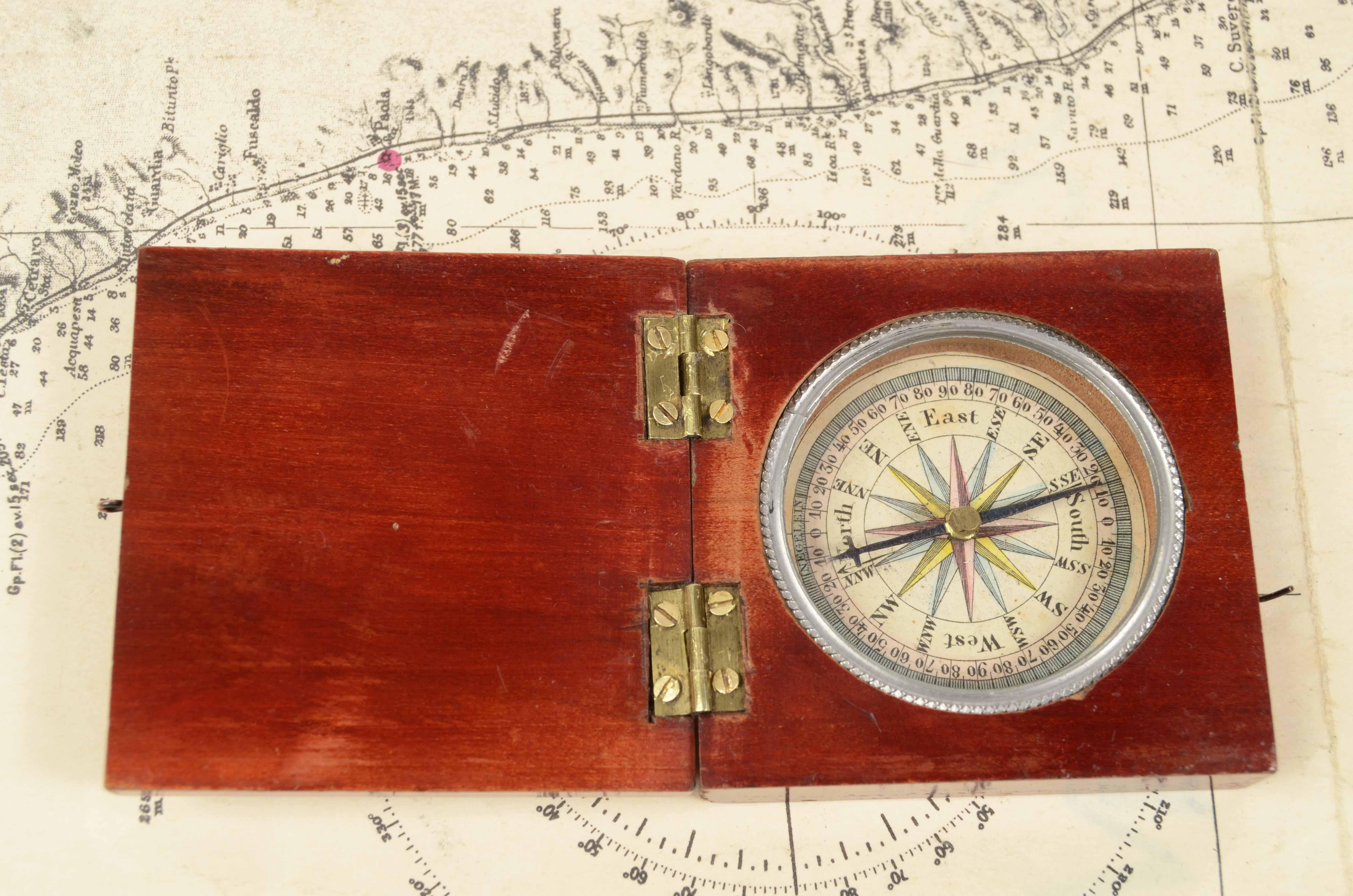 19th Century English Small Wood Pocket Travel Compass Card with 16 Winds 2
