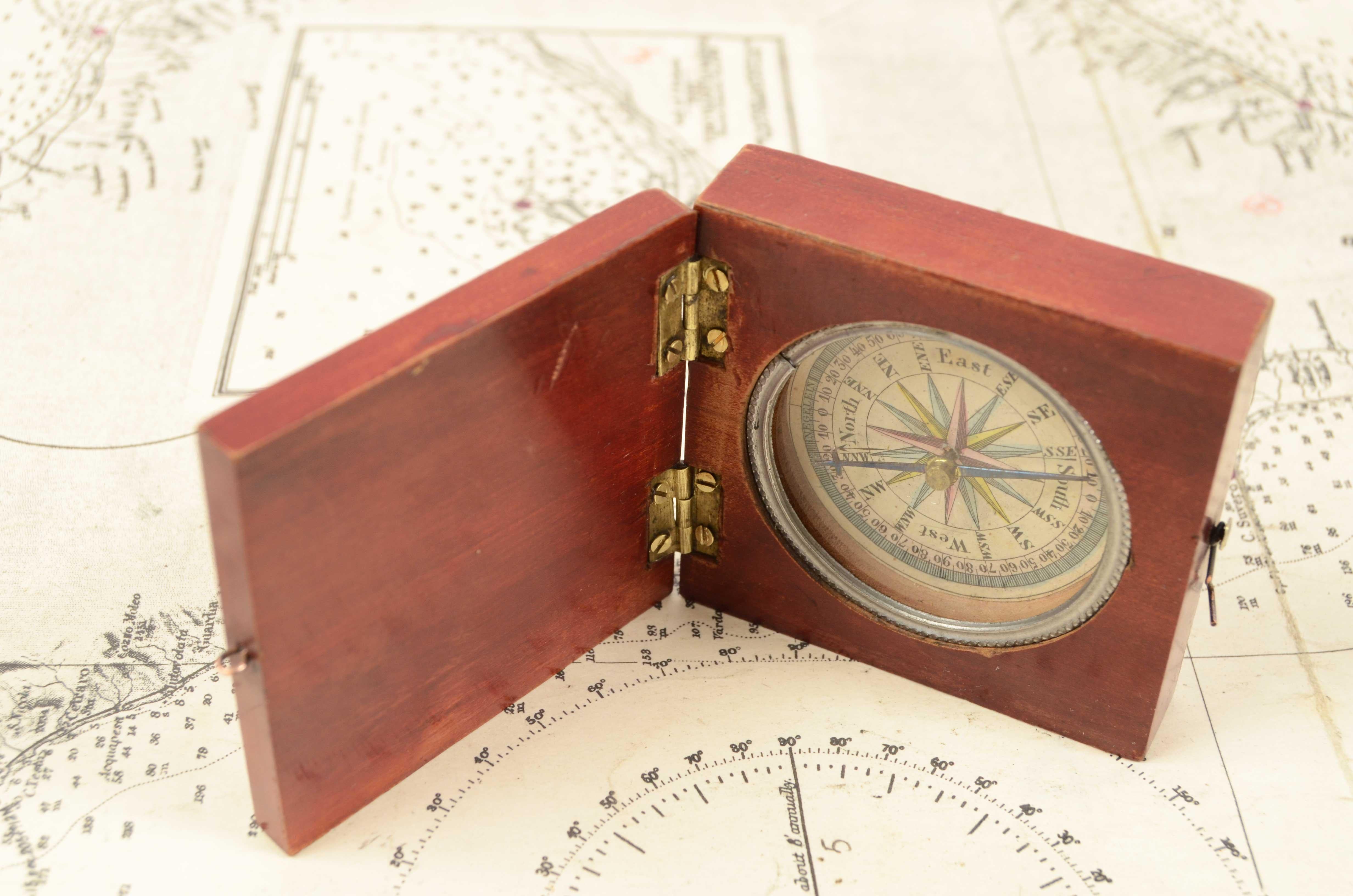 19th Century English Small Wood Pocket Travel Compass Card with 16 Winds 3