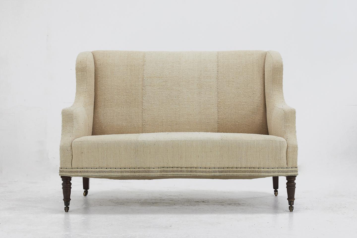 Nice proportion, 19th century English sofa. Upholstered in antique fabric.
Measures:
Seat height 43 cm
Seat depth 62 cm.
 