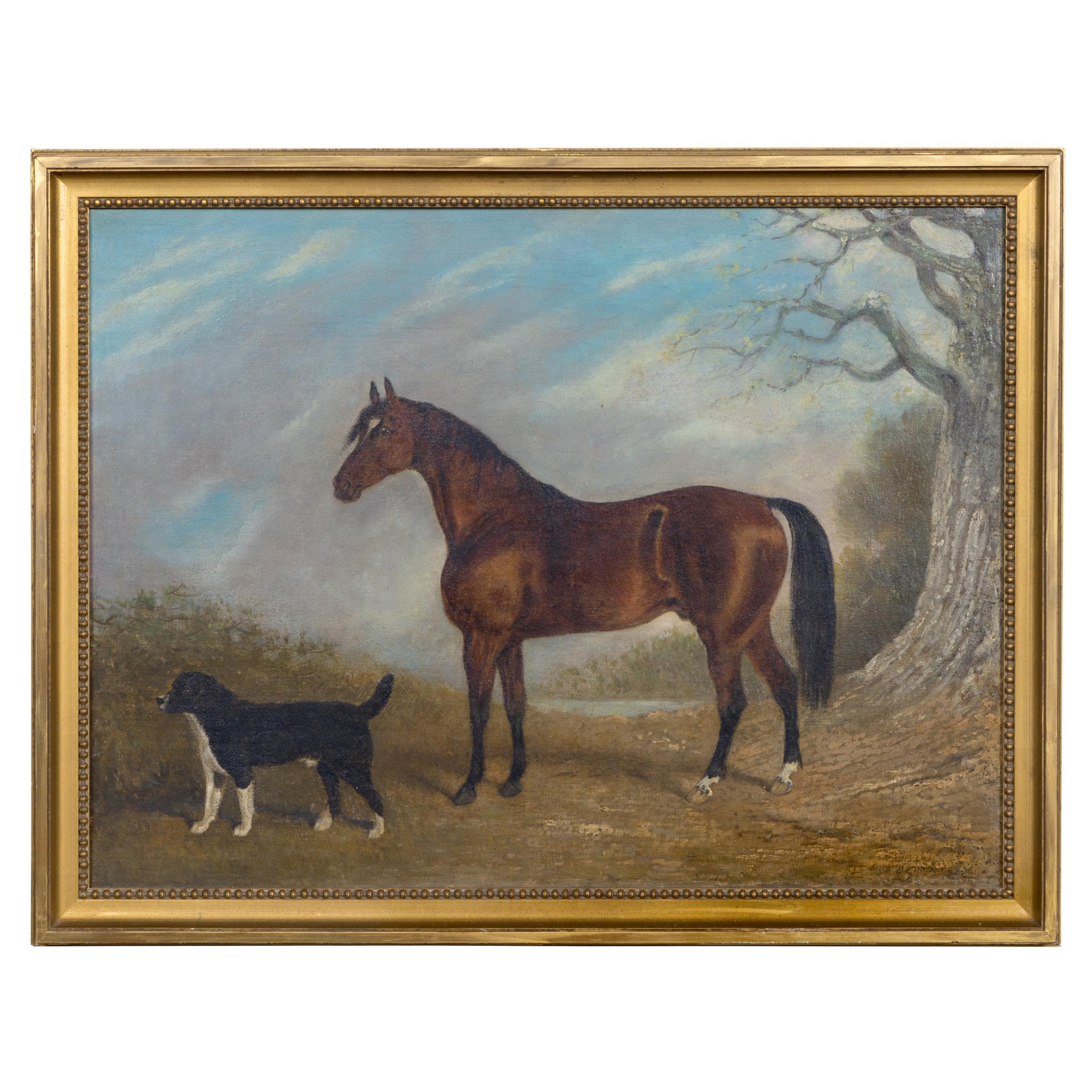 19th Century English Sporting Painting with Horse and Terrier Dog For Sale