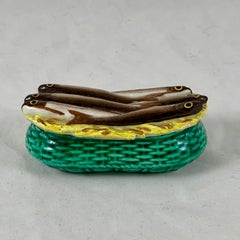 19th Century English Staffordshire Ceramic Trinket Box, Six Fish in a Basket