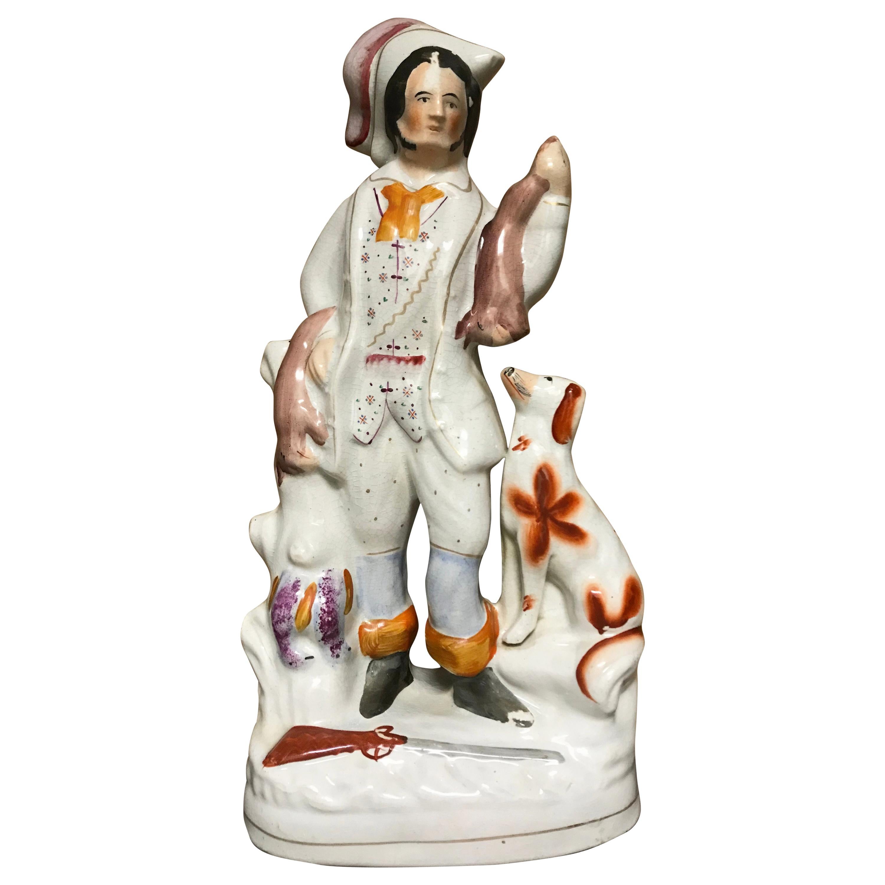 19th Century English Staffordshire Hunter with Dog, Rabbits and Game For Sale