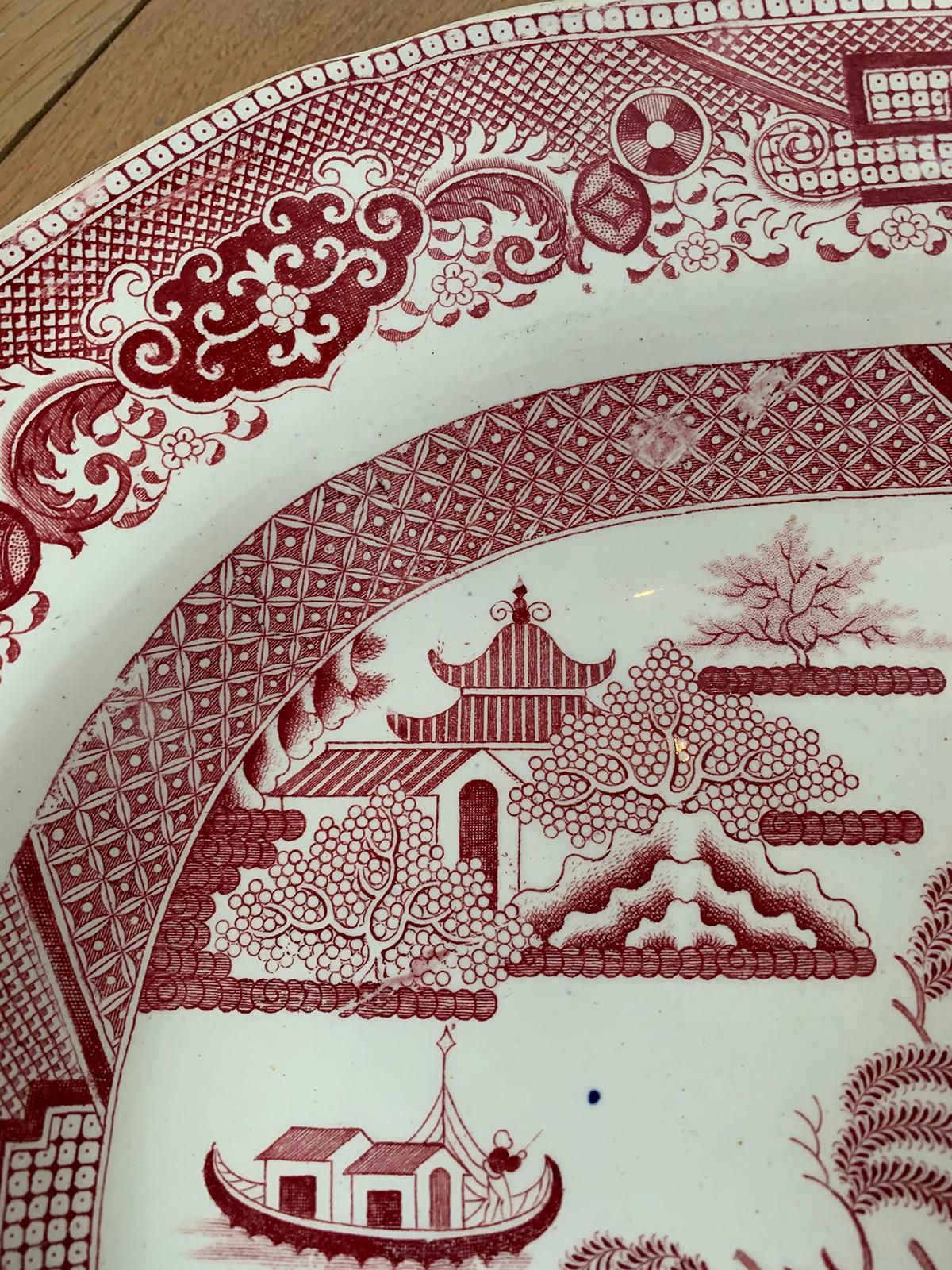 Earthenware 19th Century English Staffordshire Willow Pattern Charger by Davenport, Marked For Sale
