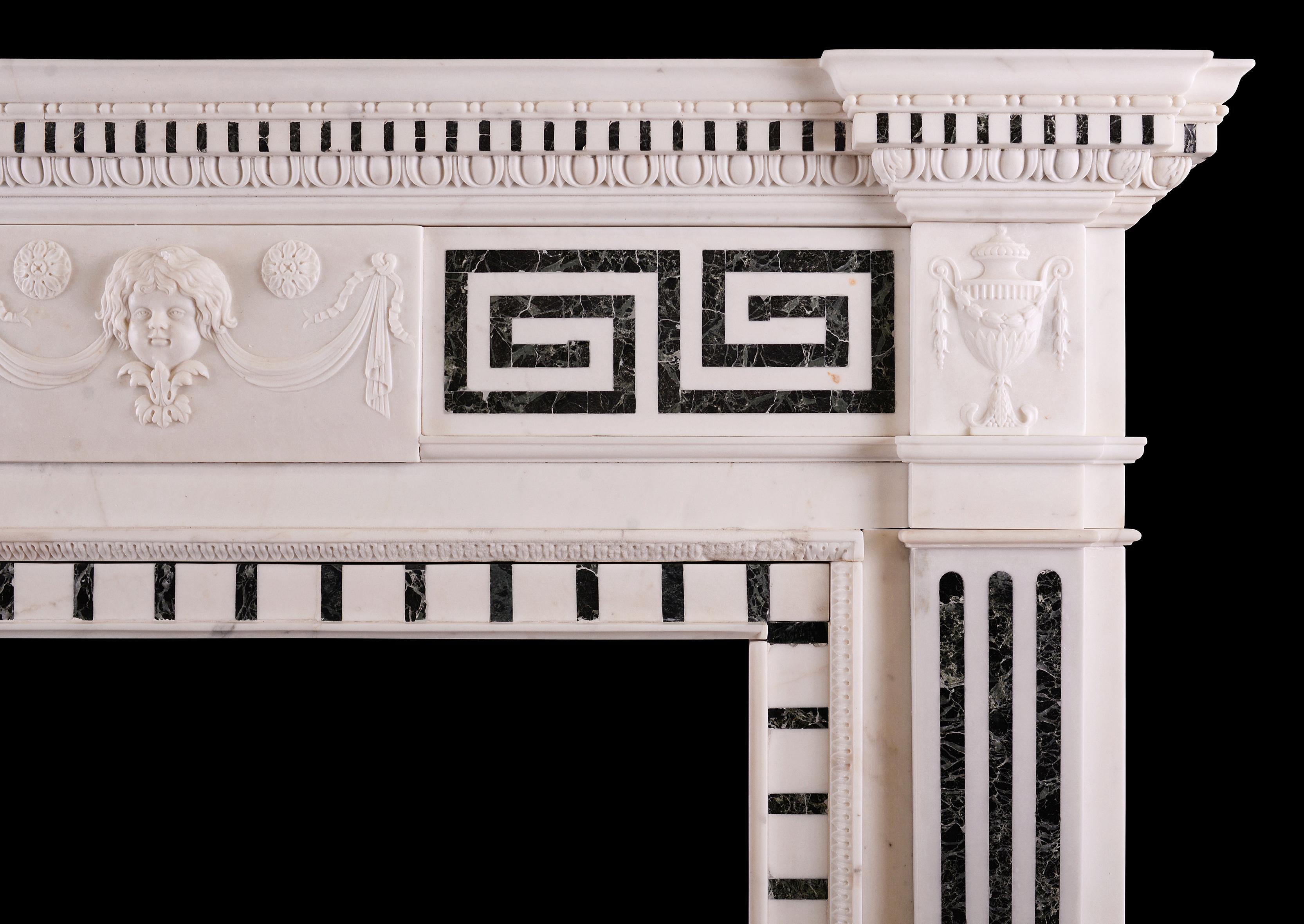Greek Revival 19th Century English Statuary and Inlaid Tinos Marble Fireplace For Sale
