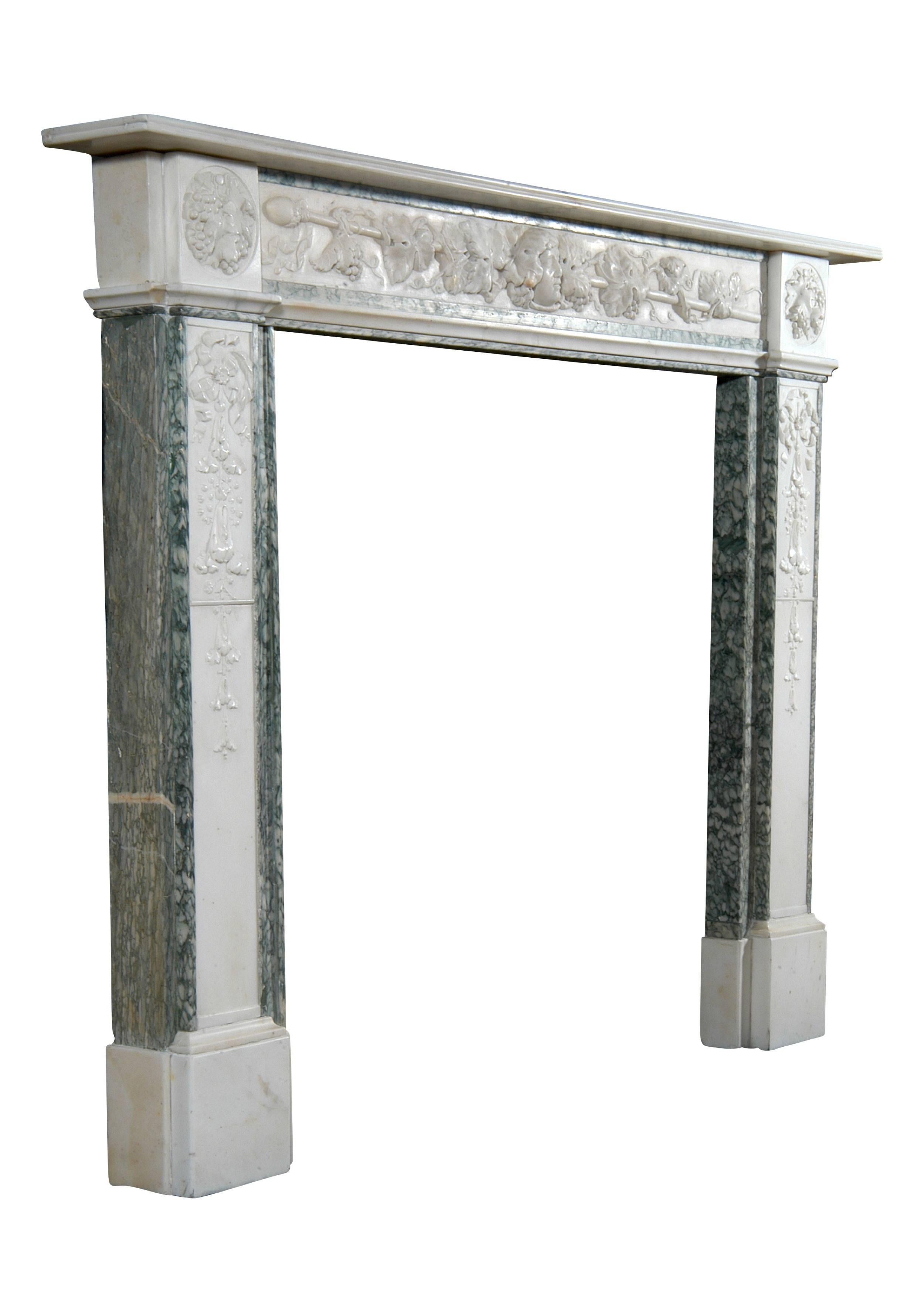 French Provincial 19th Century English Statuary and Vert d'Estours Marble Fireplace