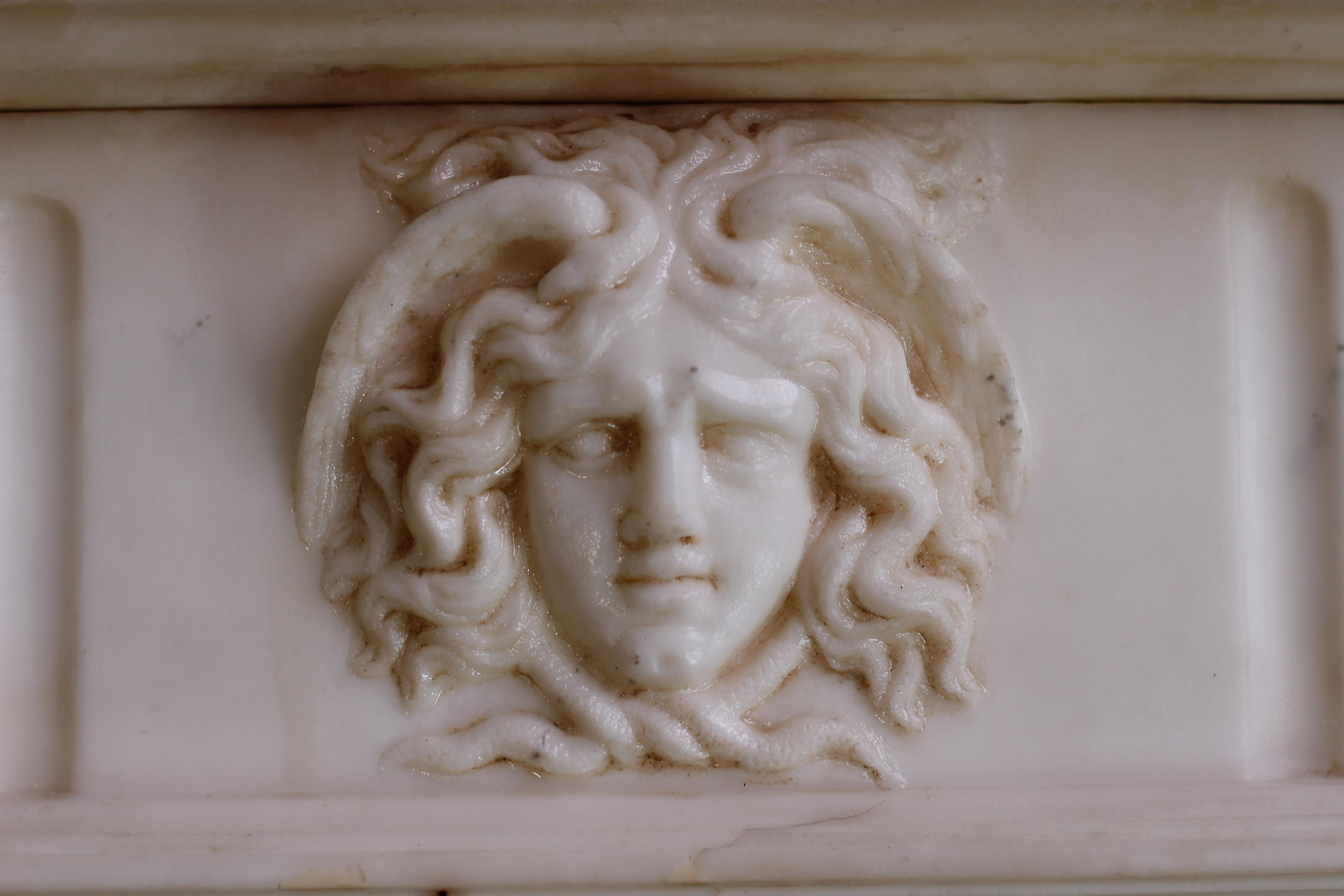 Carved 19th Century English Statuary Marble Fireplace Mantel For Sale