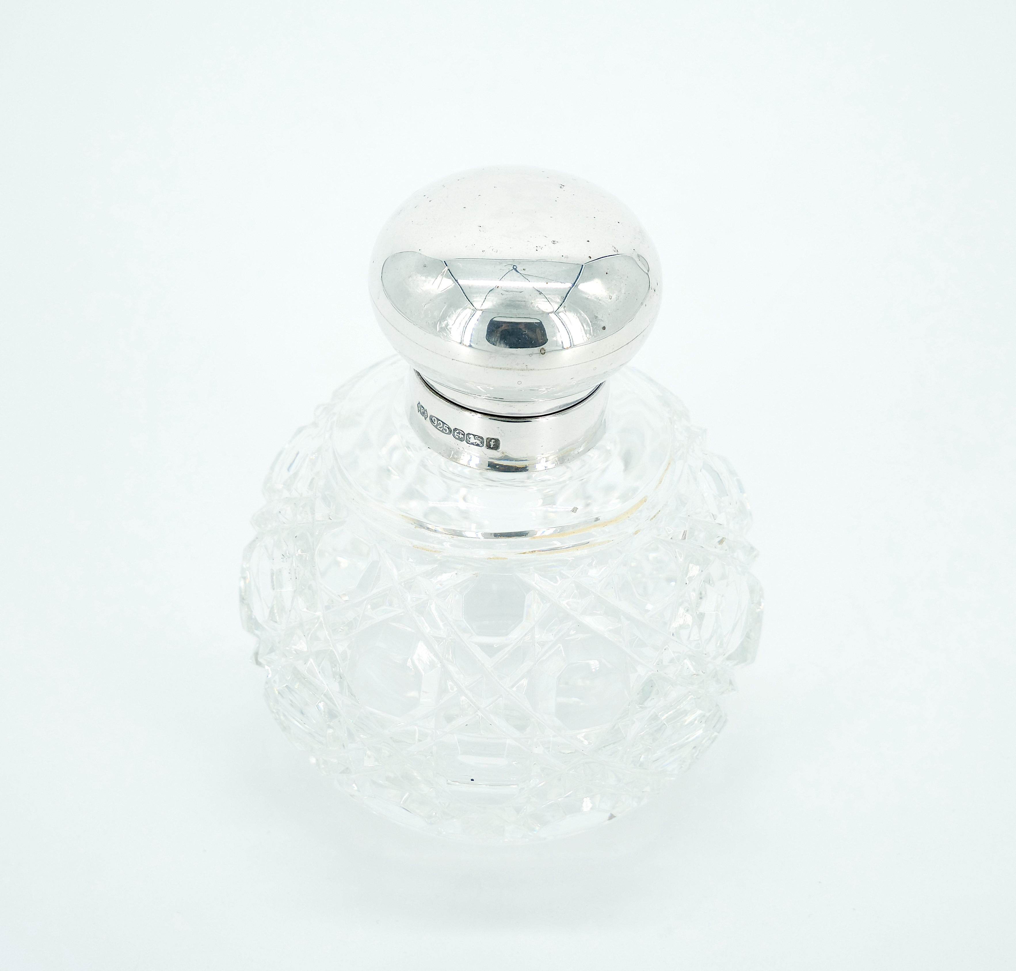 Engraved 19th Century English Sterling Silver Cover Top/ Cut Glass Perfume Bottle For Sale
