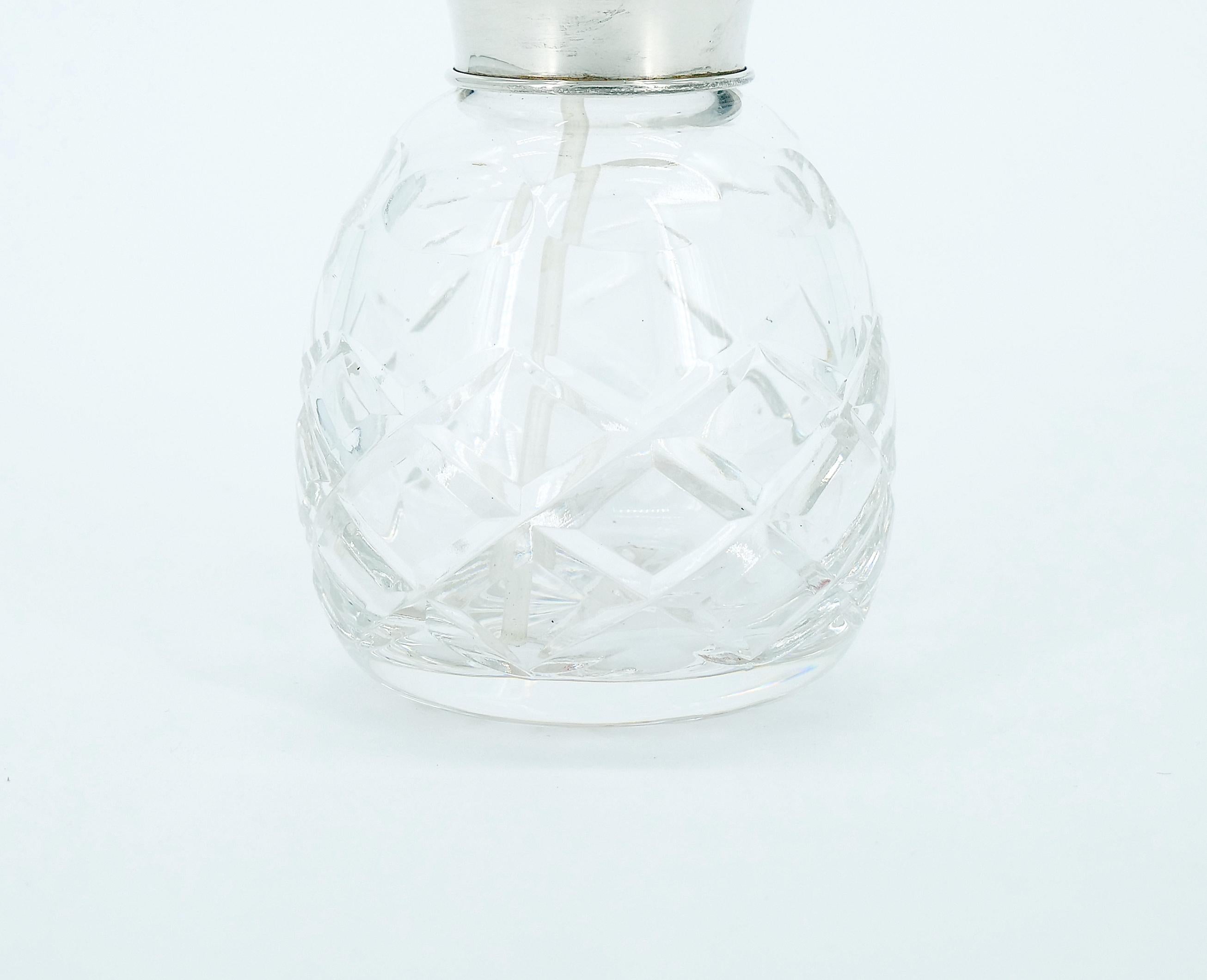 Engraved 19th Century English Sterling Silver Covered Top / Cut Glass Perfume Bottle For Sale