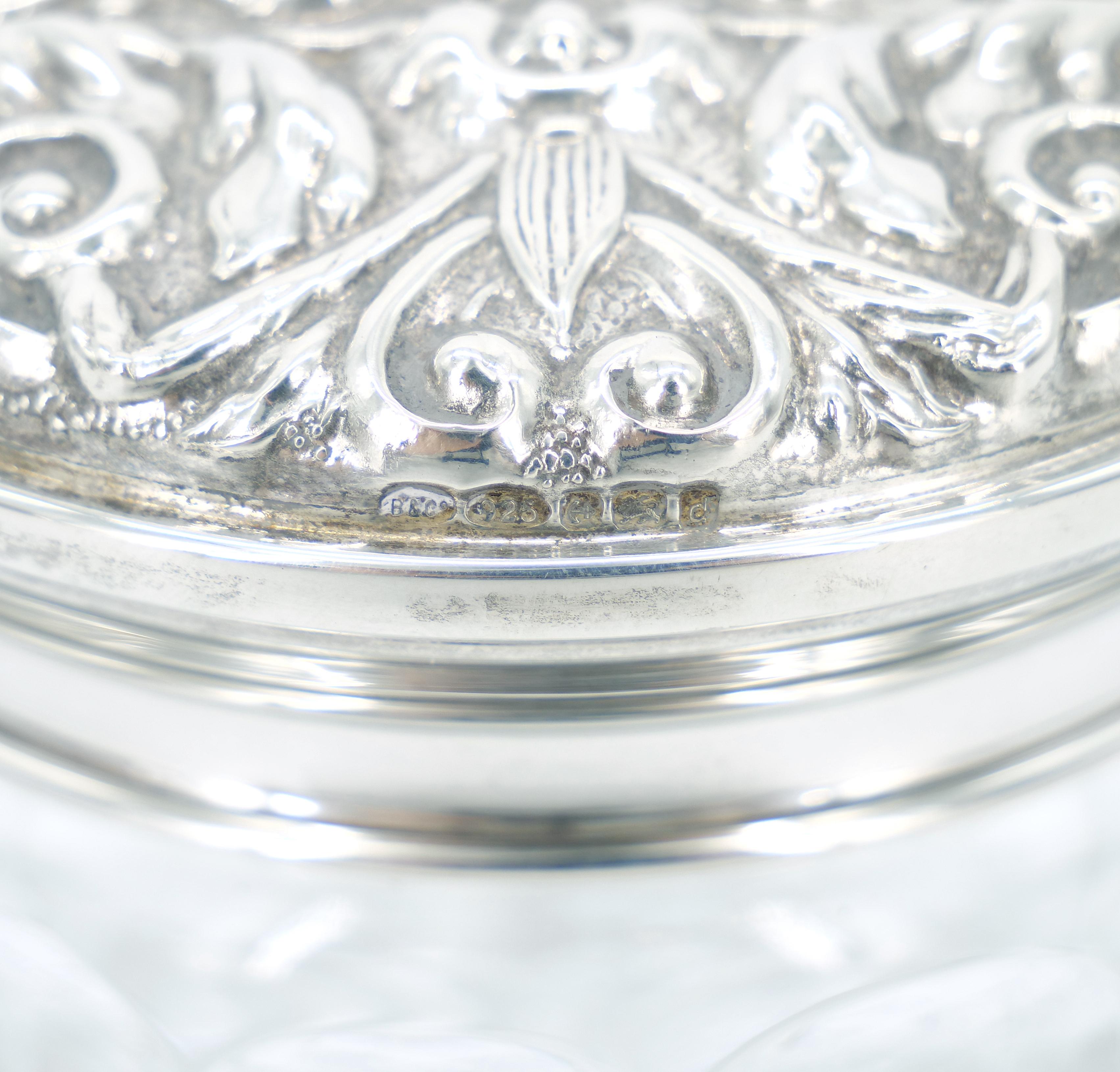Edwardian 19th Century English Sterling Silver Lidded Top / Cut Glass Covered Piece For Sale