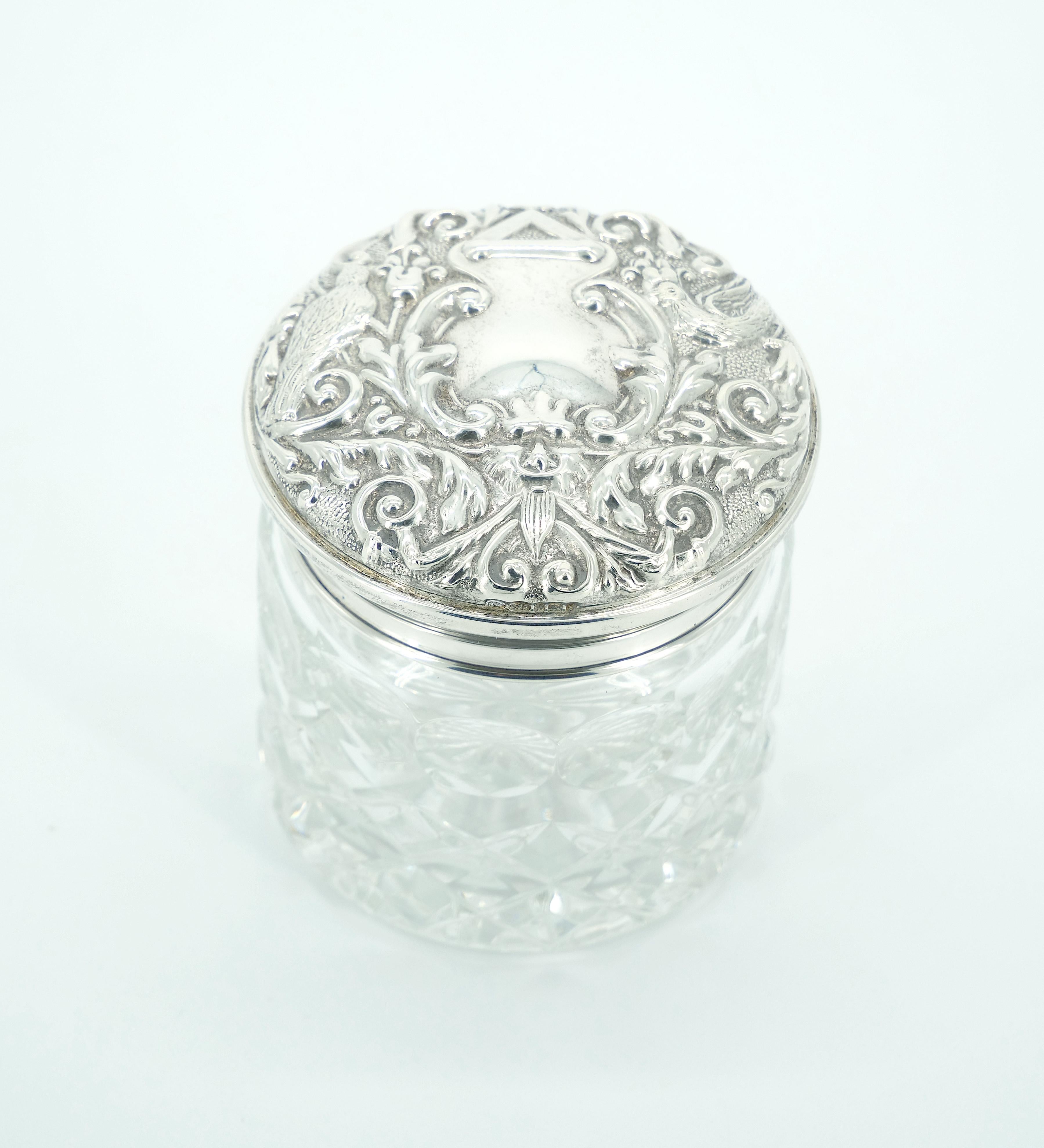 Engraved 19th Century English Sterling Silver Lidded Top / Cut Glass Covered Piece For Sale