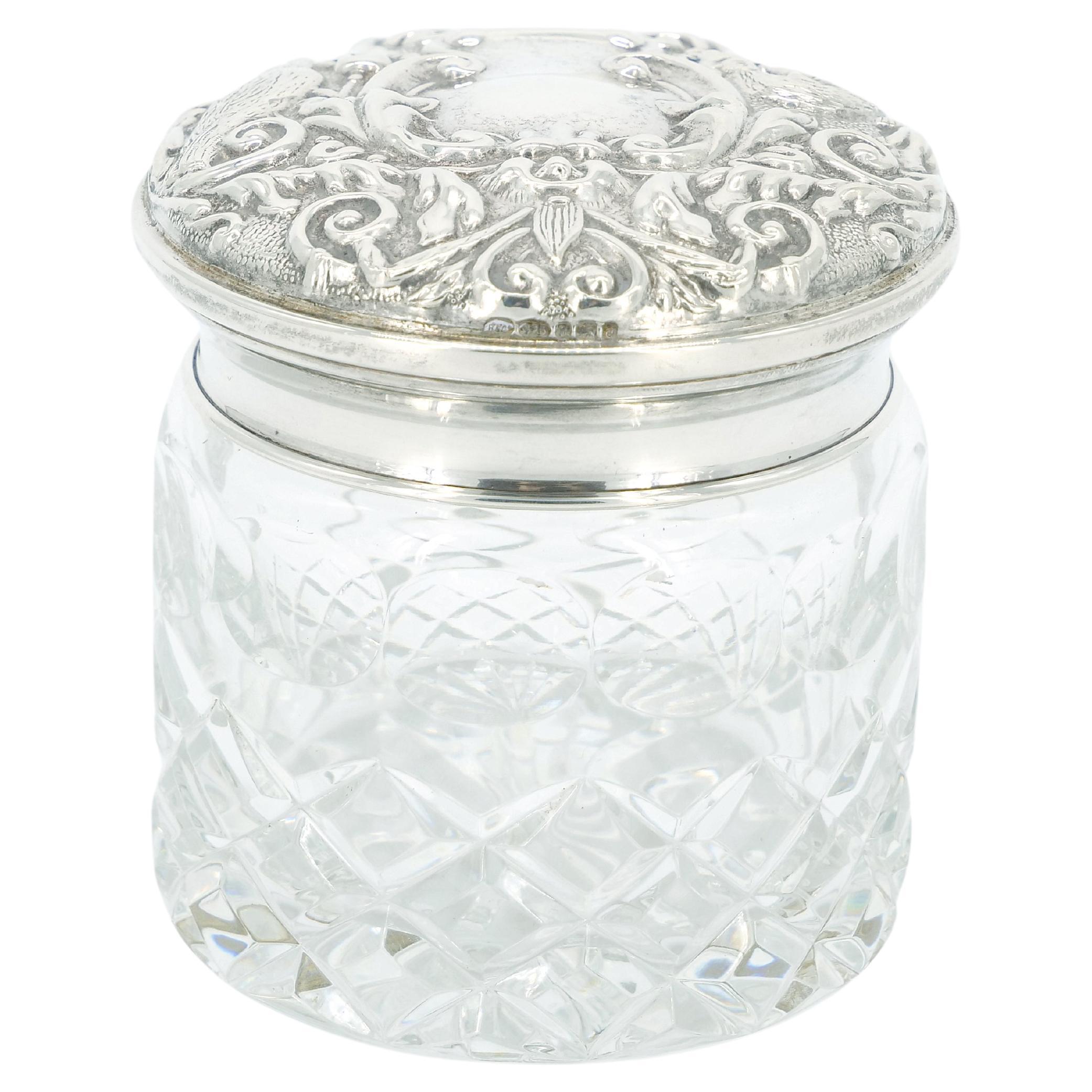 19th Century English Sterling Silver Lidded Top / Cut Glass Covered Piece For Sale