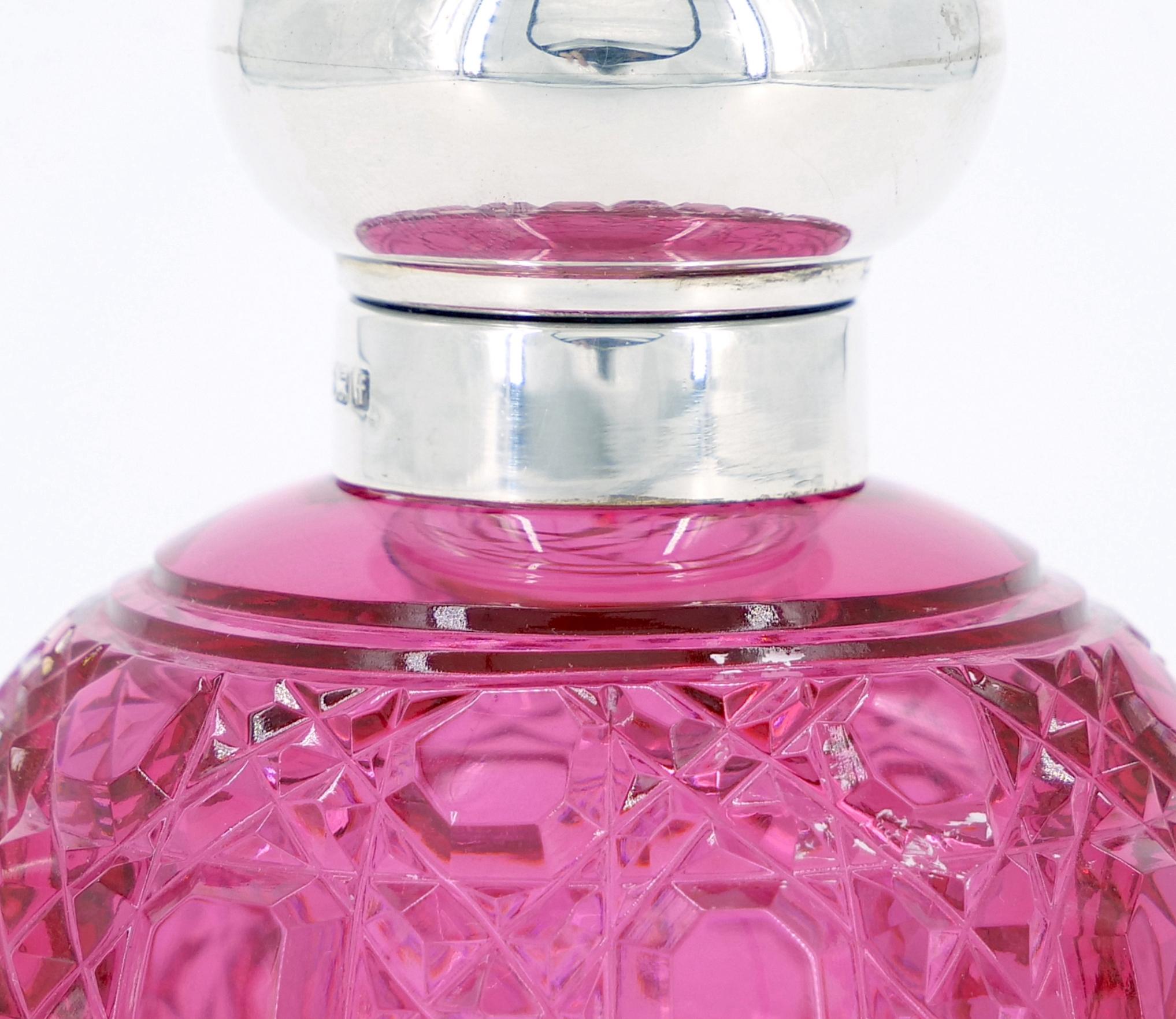 19th Century English Sterling Silver Top/ Cranberry Cut Glass Perfume Bottle For Sale 4