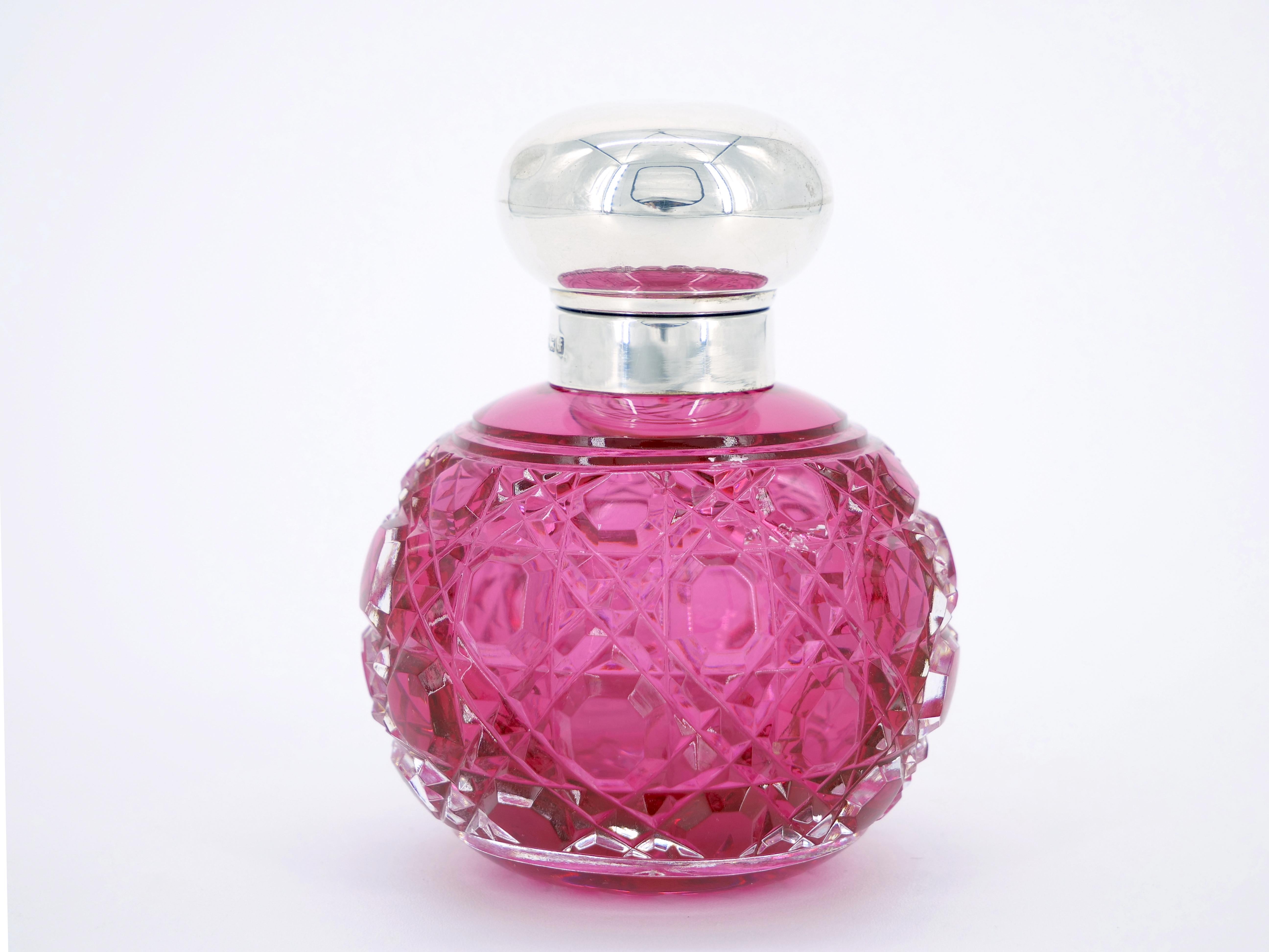 19th Century English Sterling Silver Top/ Cranberry Cut Glass Perfume Bottle For Sale 6