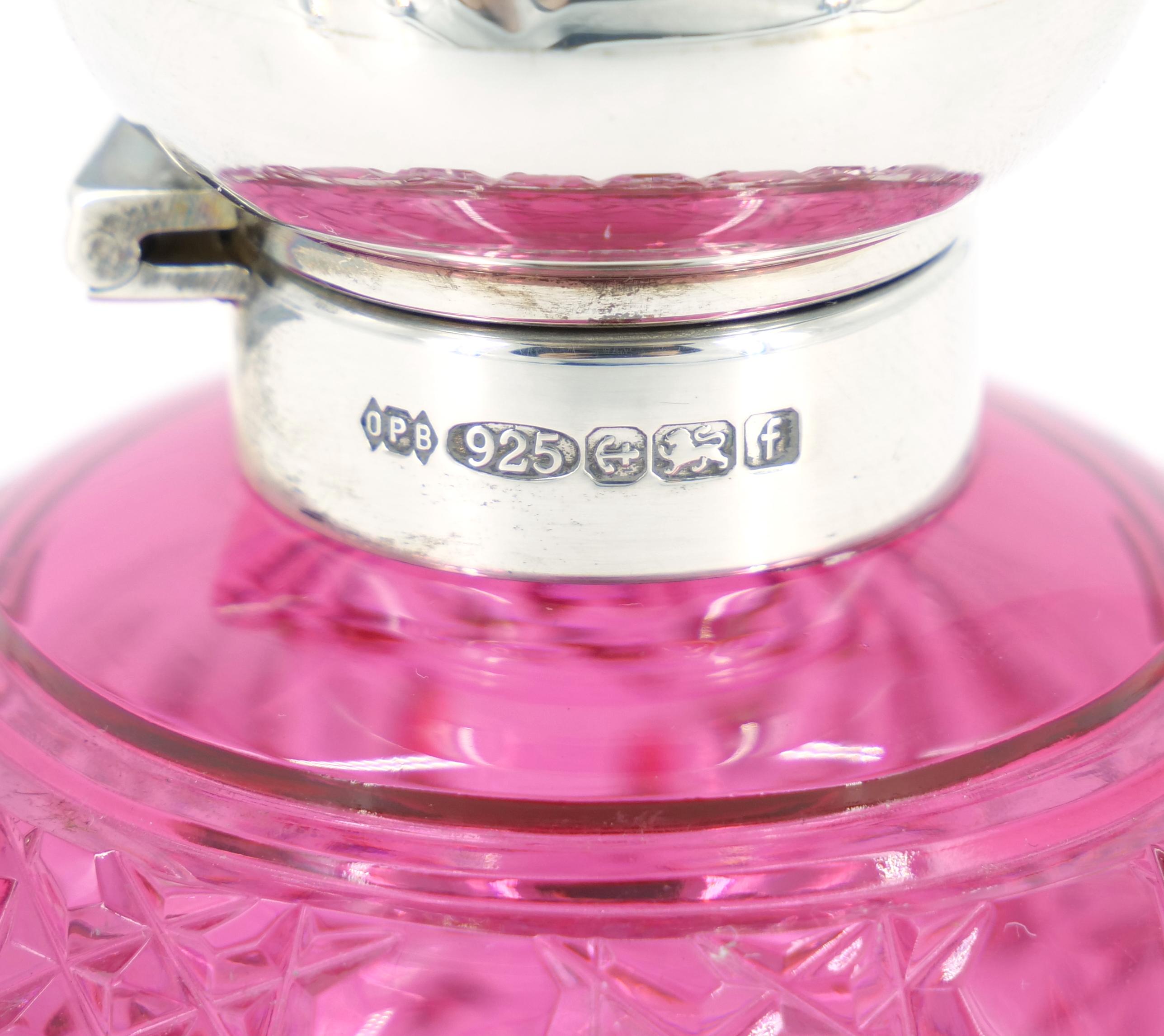 Edwardian 19th Century English Sterling Silver Top/ Cranberry Cut Glass Perfume Bottle For Sale