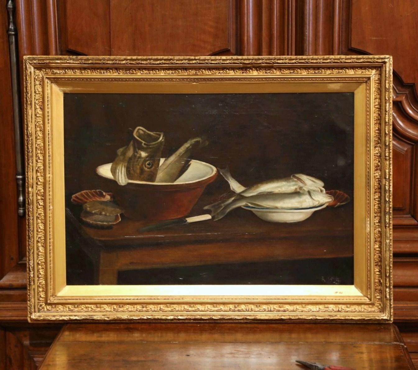 Canvas 19th Century English Still Life Oil Painting in Gilt Frame Dated 1847