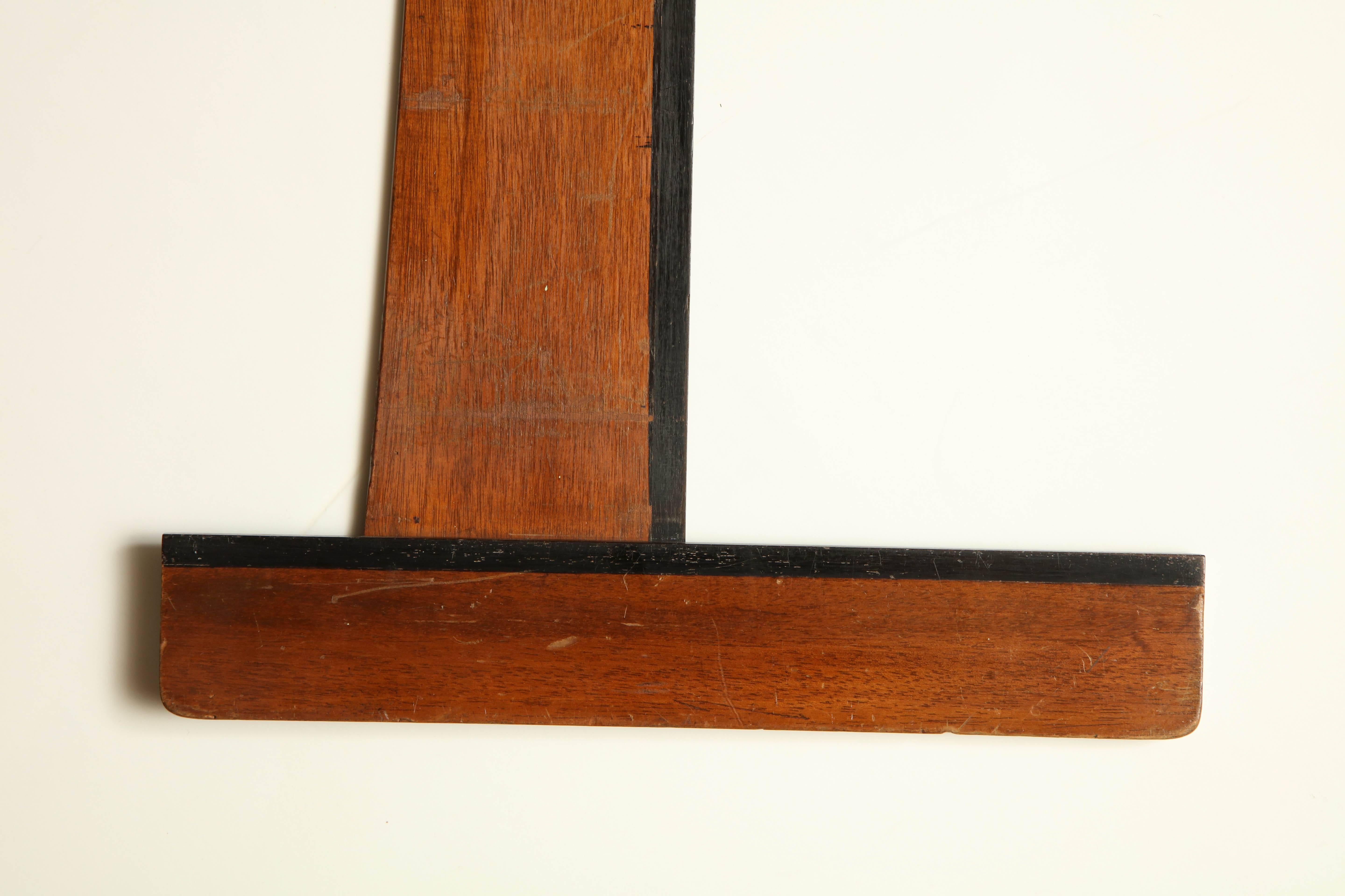 19th century English T-square, drawing square or a drawing T in fruitwood and ebony.