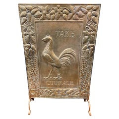 Antique 19th Century English "Take Courage" Pub Sign Brass Fireplace Heat Reflector