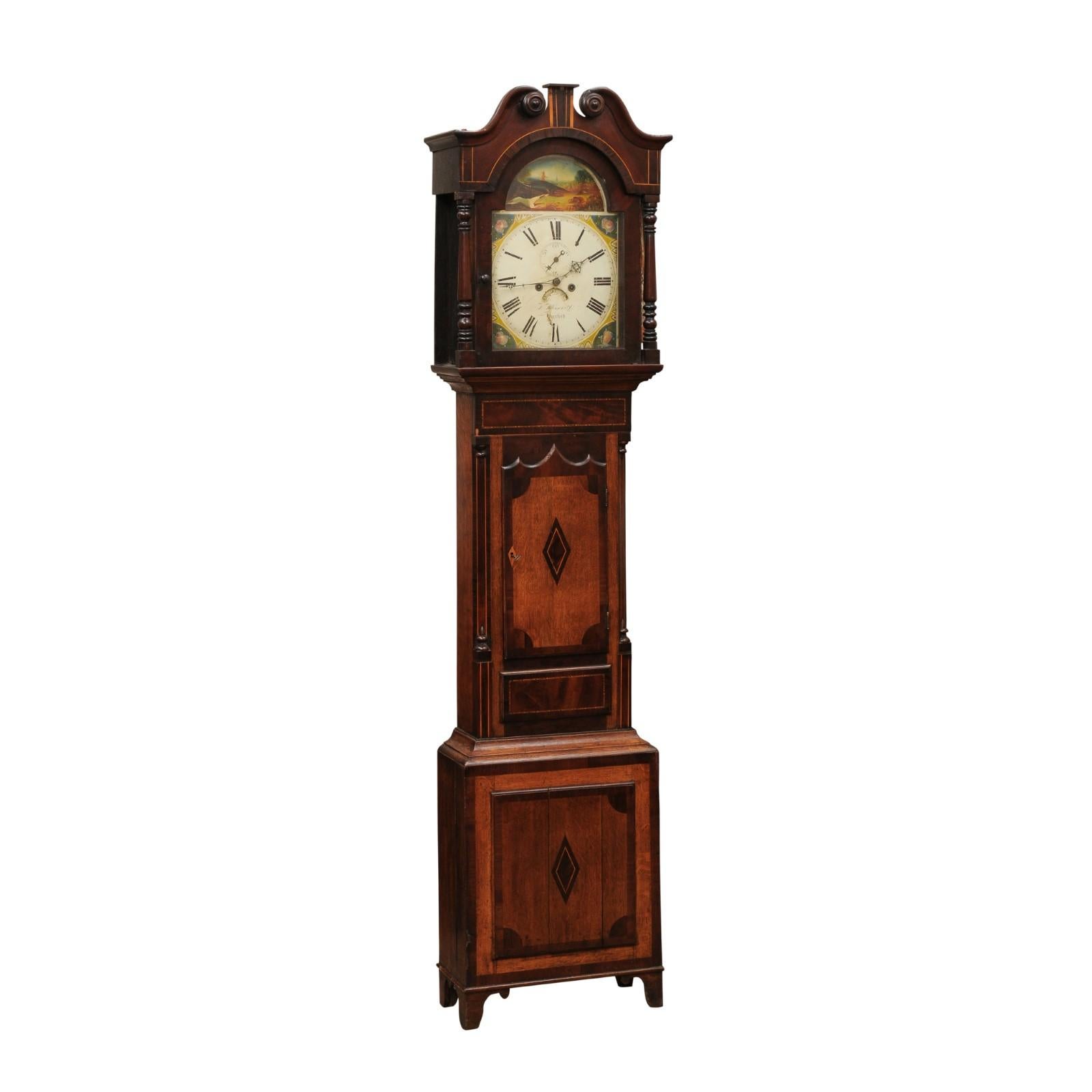 19th Century English Tallcase Clock in Oak & Mahogany with Inlay, Swan Neck Pediment & Painted Face