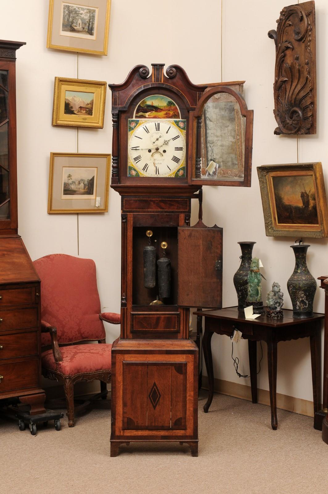  19th Century English Tallcase Clock in Oak & Mahogany with Inlay In Good Condition For Sale In Atlanta, GA