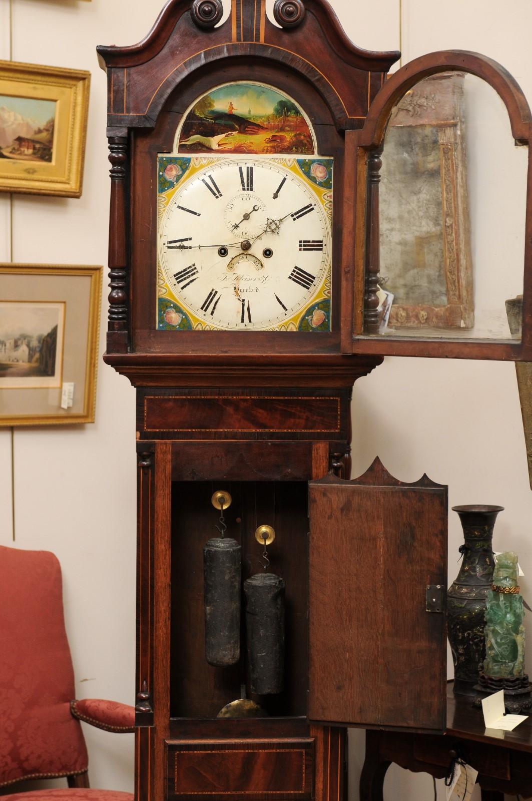  19th Century English Tallcase Clock in Oak & Mahogany with Inlay For Sale 1