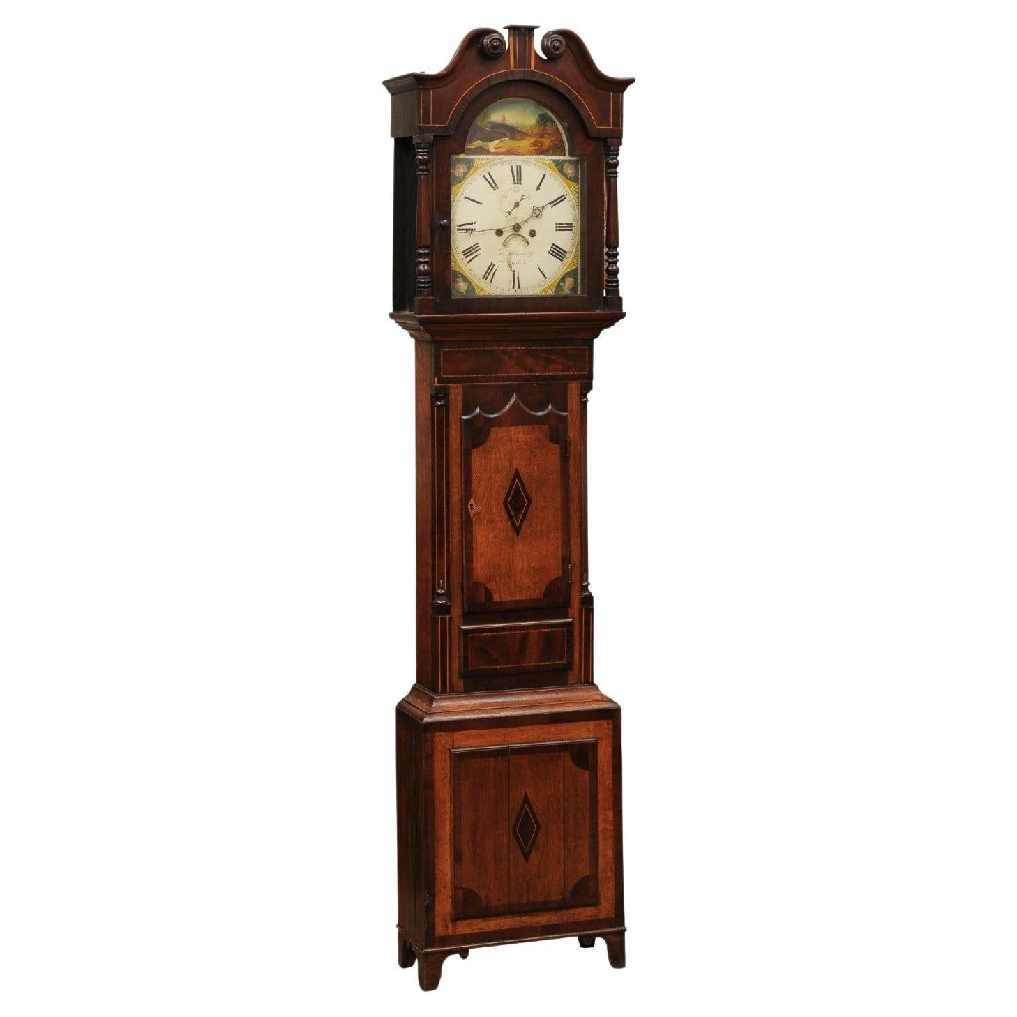  19th Century English Tallcase Clock in Oak & Mahogany with Inlay For Sale