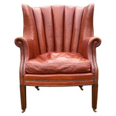 19th Century English Tan Orange Leather Barrel Back Armchair