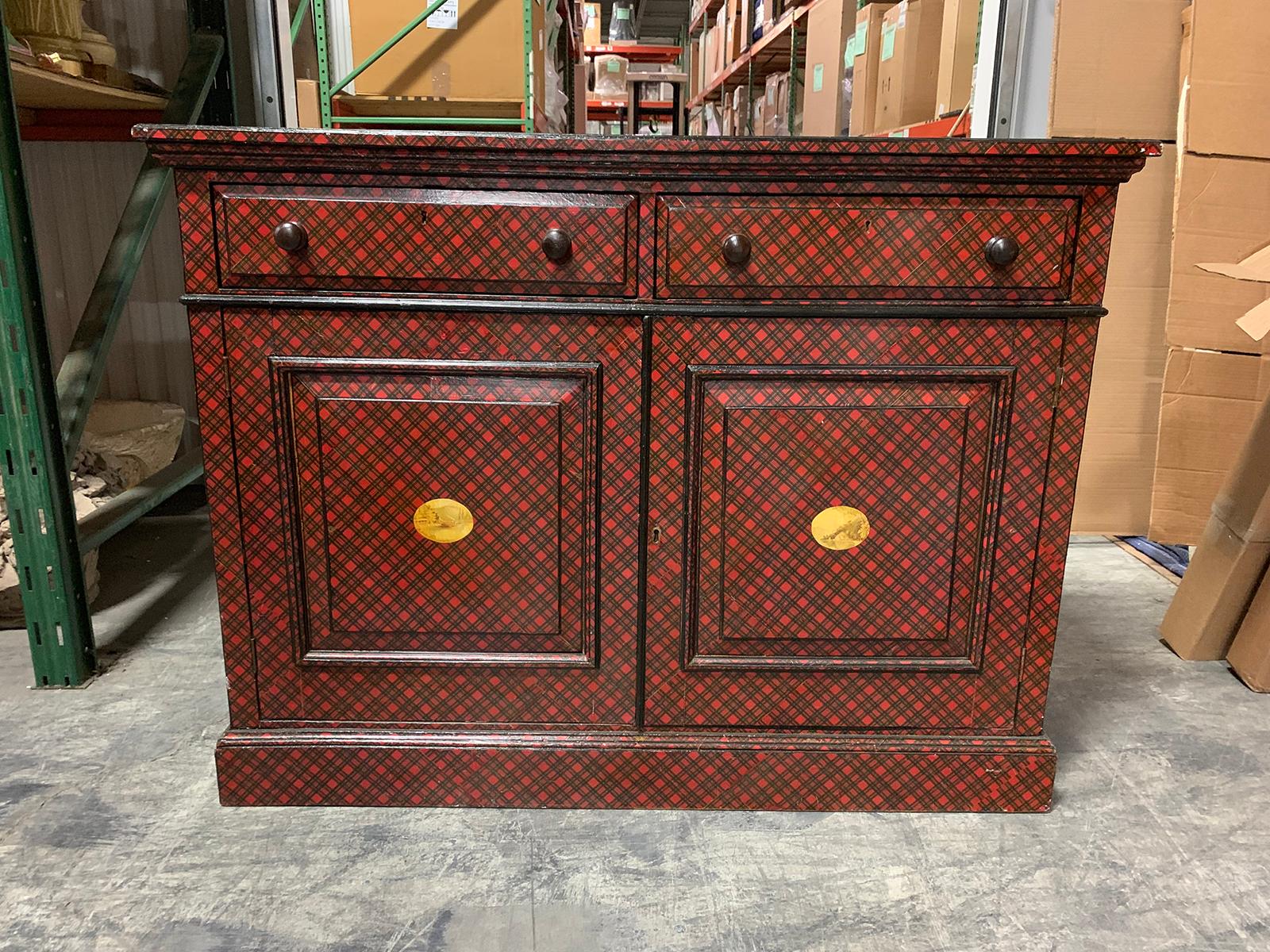 19th Century English Tartan Two-Door Cabinet, Two Drawers In Good Condition For Sale In Atlanta, GA