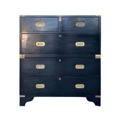 19th Century English Teak Campaign Chest, Lacquered Black, Brass Hardware