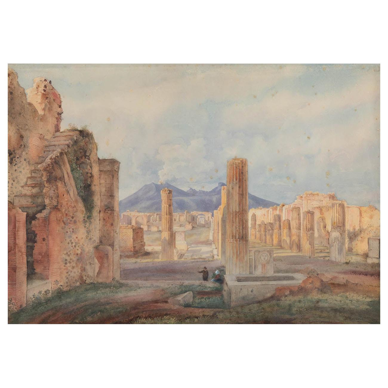 Aquarelle du 19ème siècle « The Forum », Grand Tour de Pompéi, Angleterre