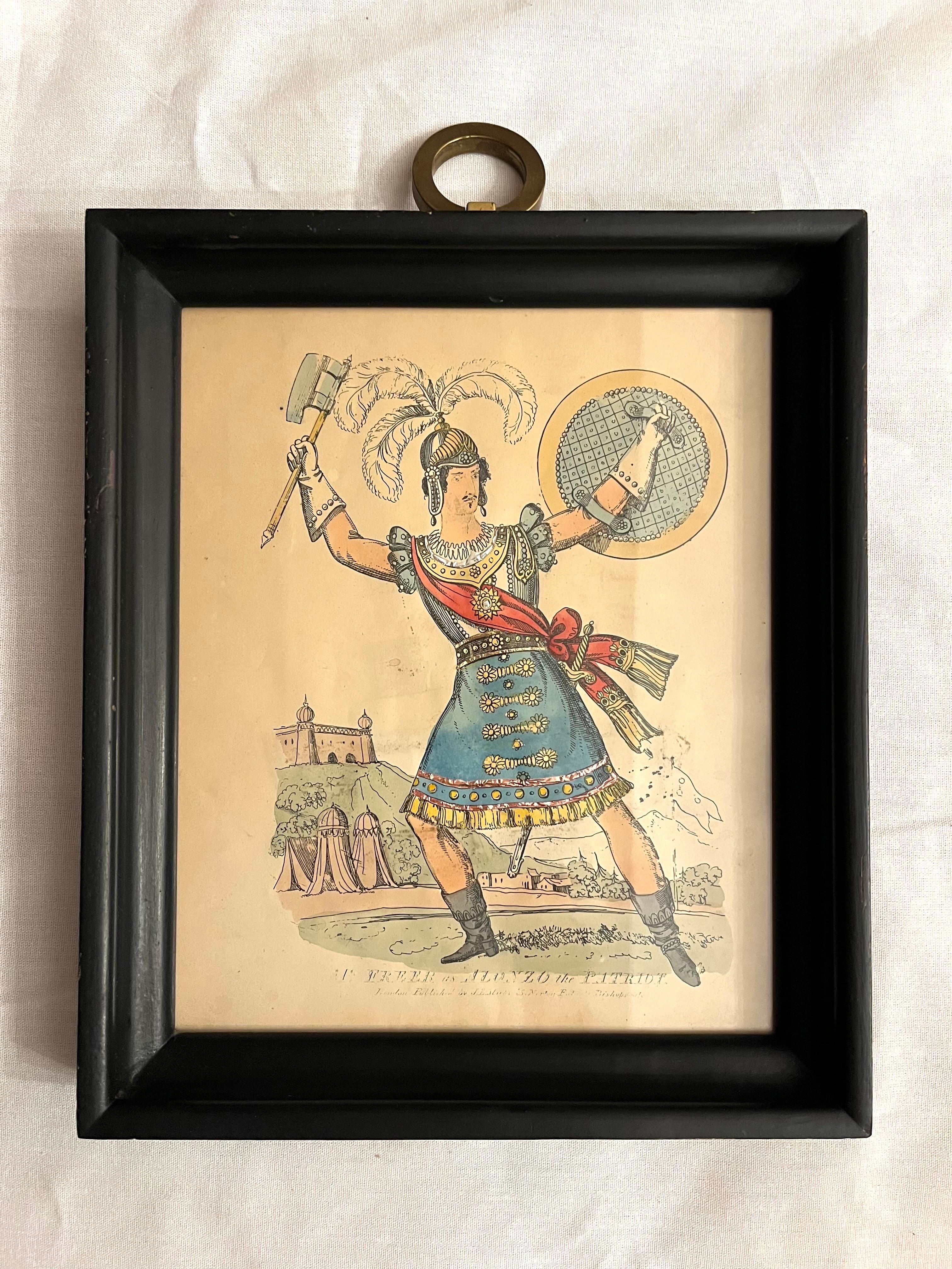 A mid 19th century English full length portrait tinsel print hand colored and hand embellished, framed and retailed by Saxon and Clemens of New York City circa mid 20th century. This print depicts, 
