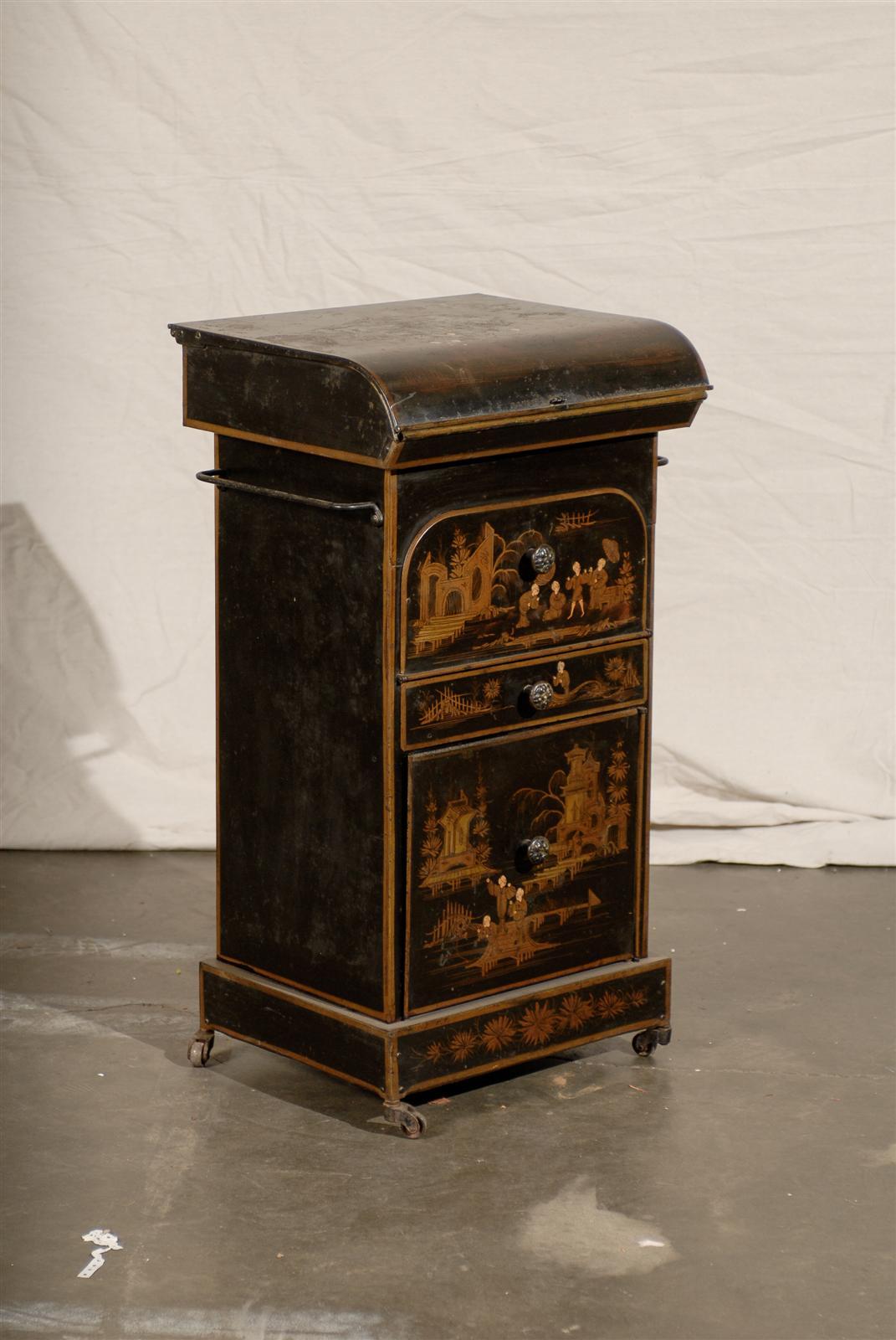 19th Century English Tole Chinoiserie Toilette , lid lifts.