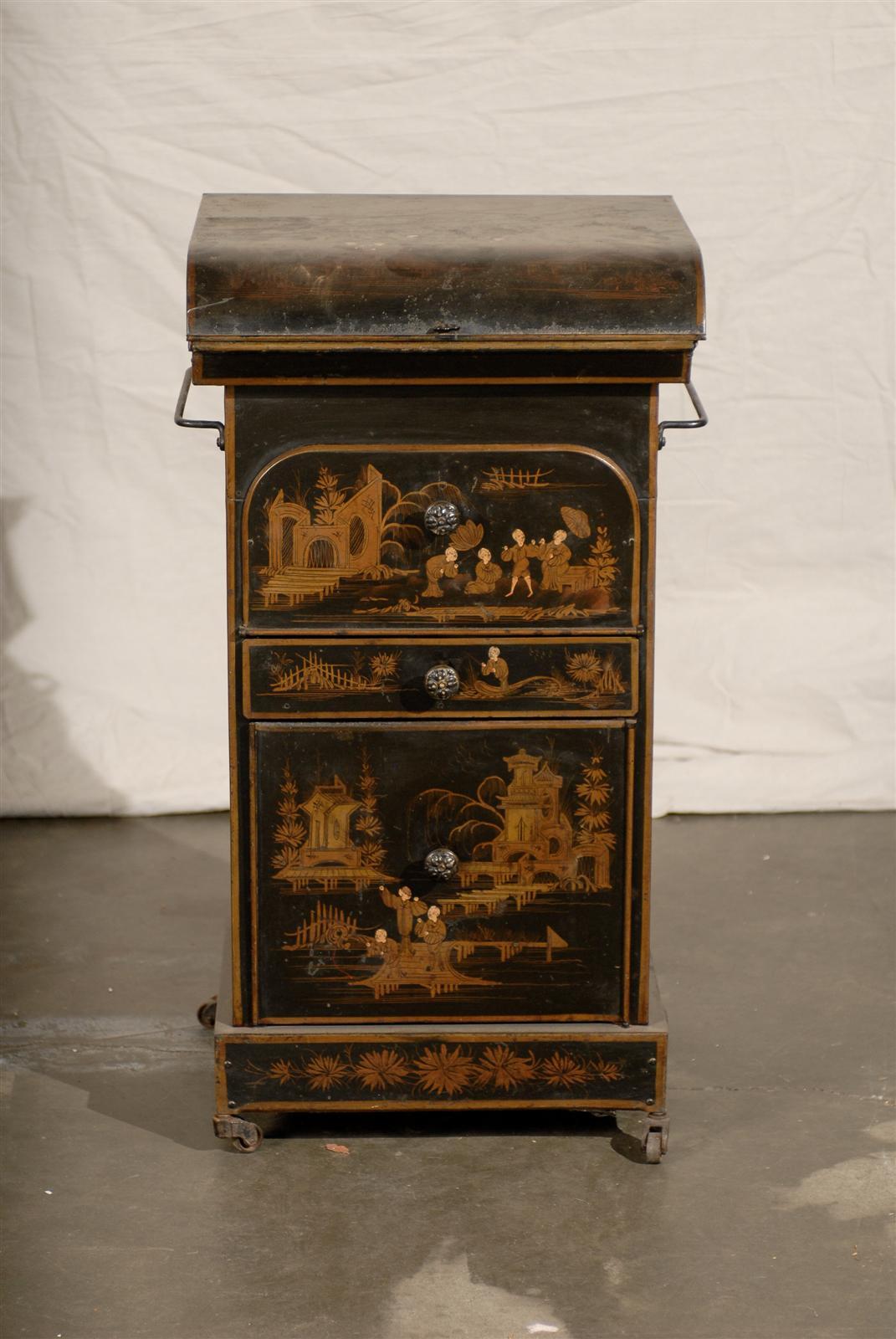 19th Century English Tole Chinoiserie Toilette, Lid Lifts In Good Condition For Sale In Atlanta, GA