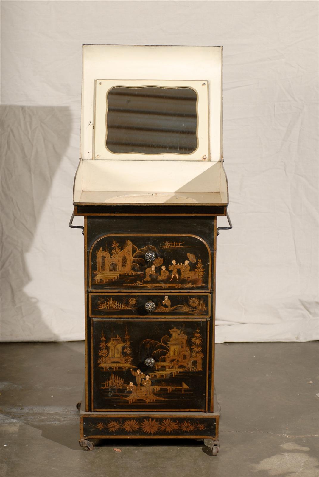 Tôle 19th Century English Tole Chinoiserie Toilette, Lid Lifts For Sale