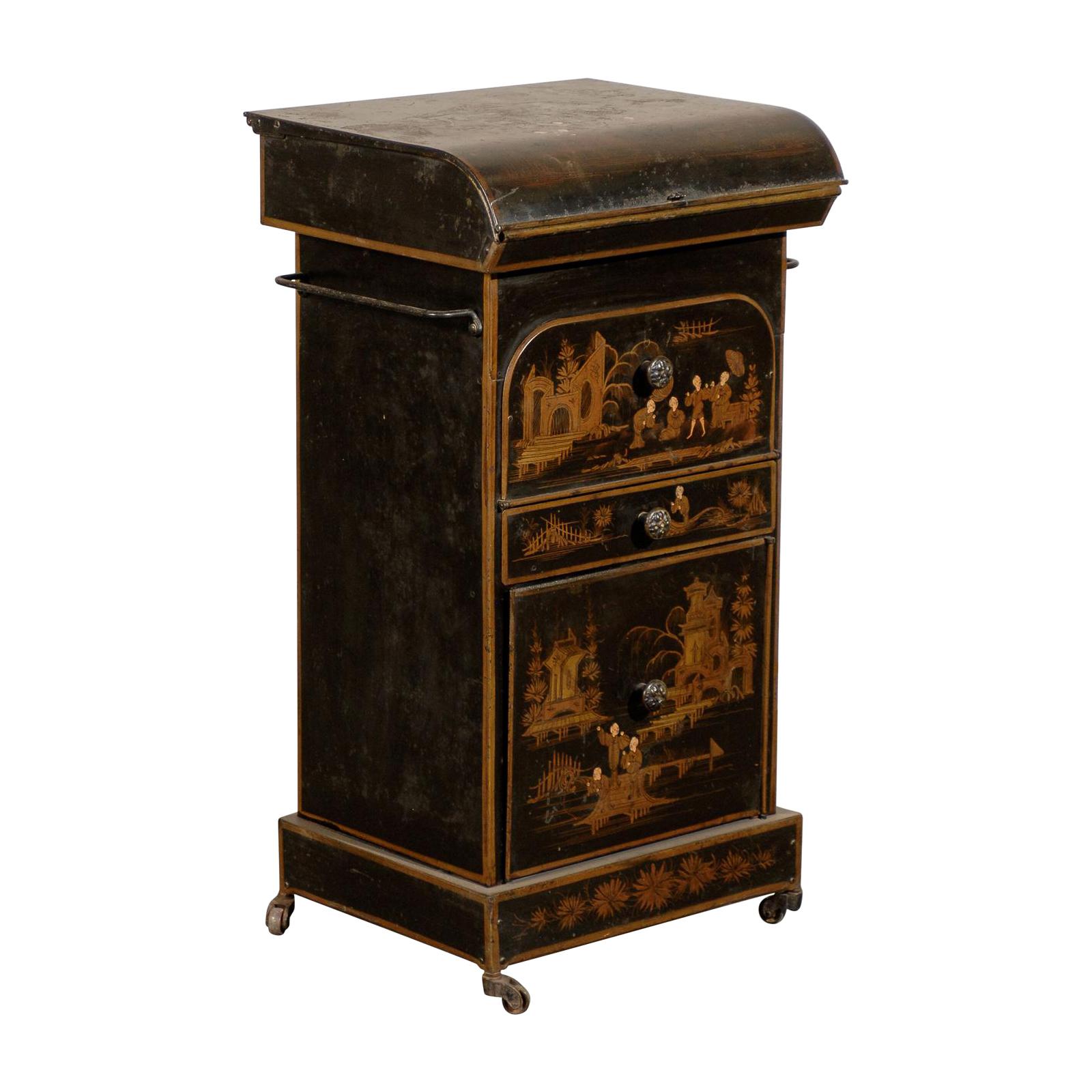 19th Century English Tole Chinoiserie Toilette, Lid Lifts For Sale