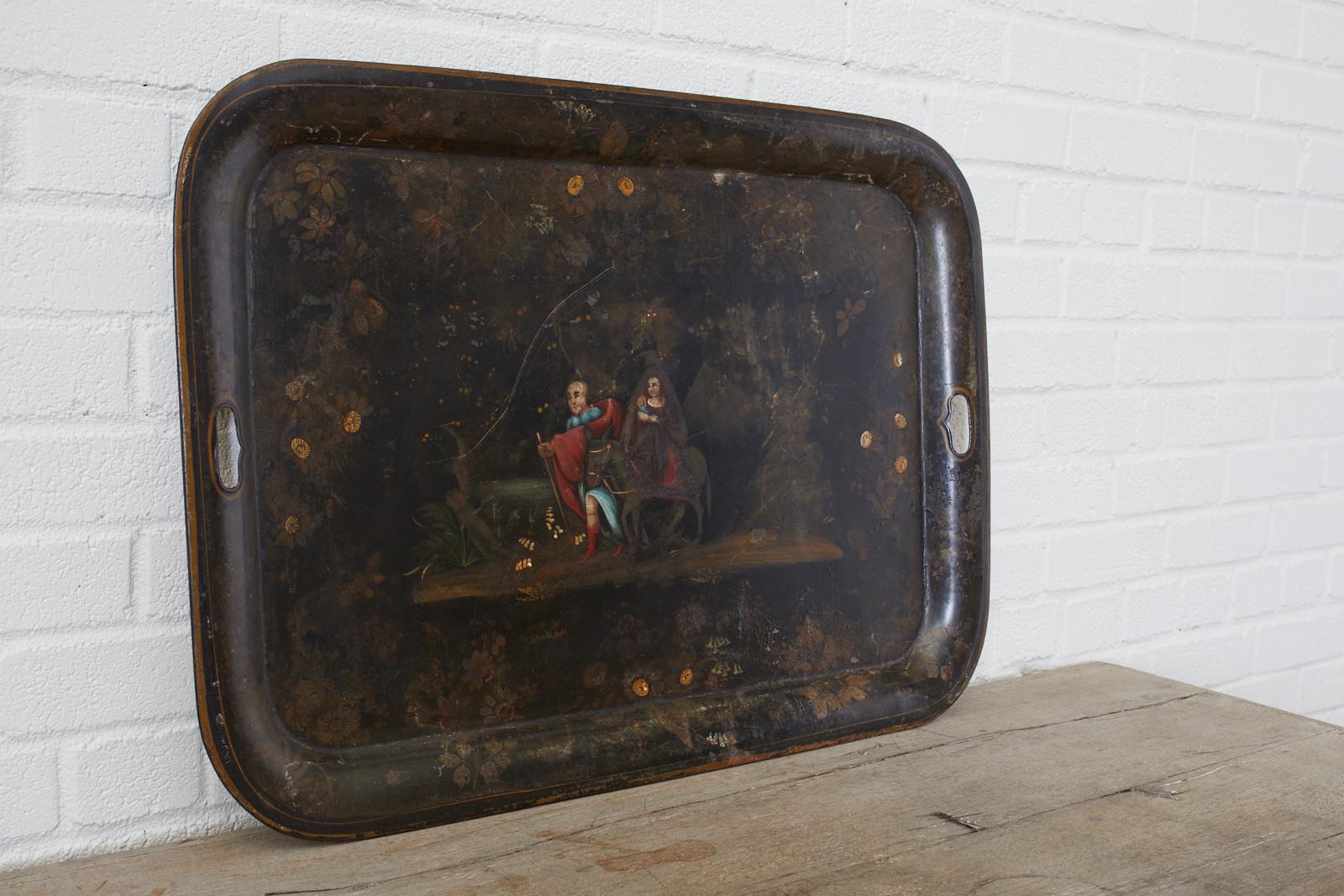 Metal 19th Century English Tole Lacquer Renaissance Revival Tray For Sale