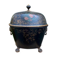 19th Century English Tole Lidded Coal Hod with Lions Head