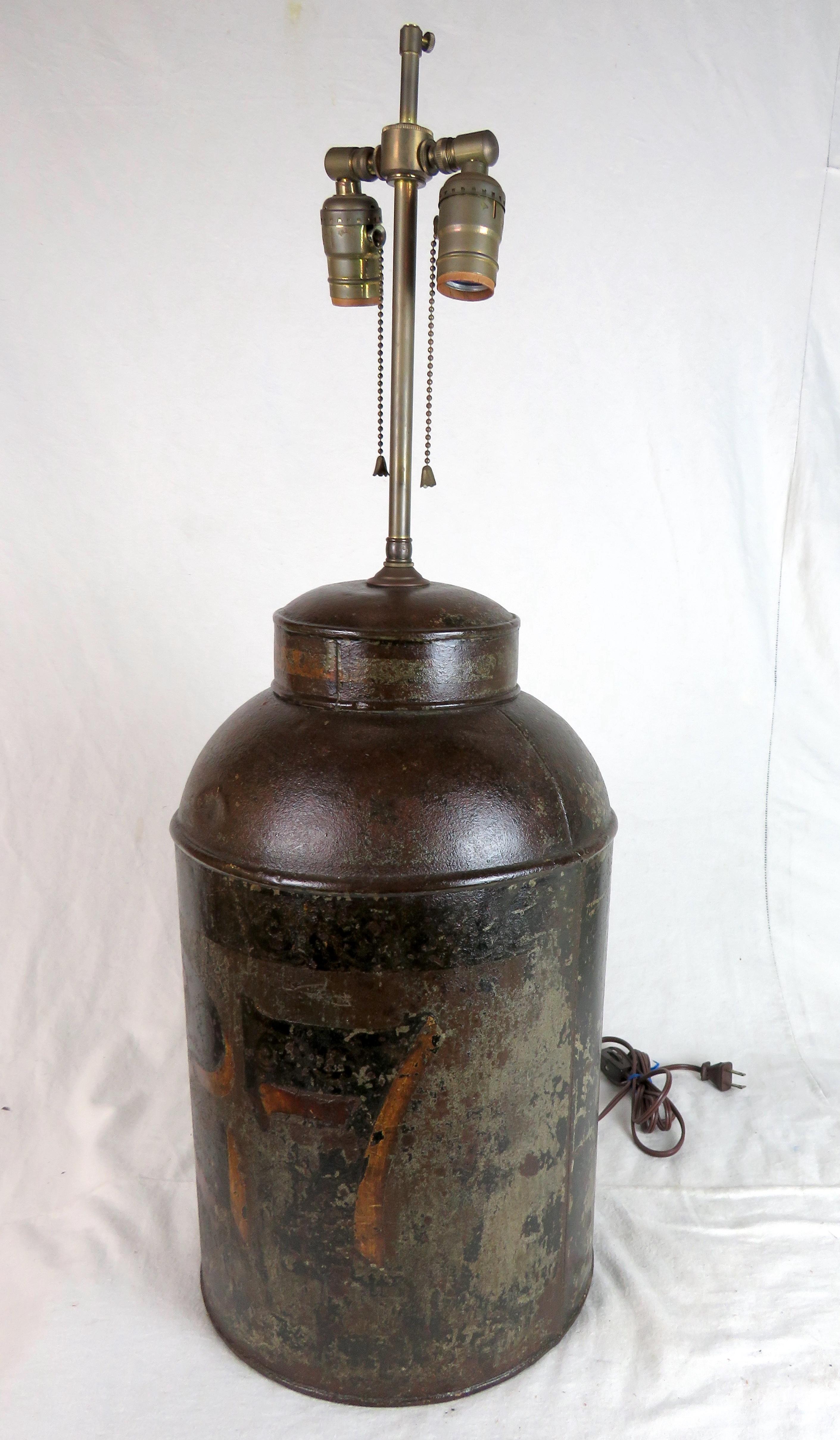 Tin 19th Century English Tole Store Tea Caddy Converted to Lamp