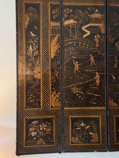 19th Century English Tooled Leather Chinoiserie Four-Panel Folding Screen