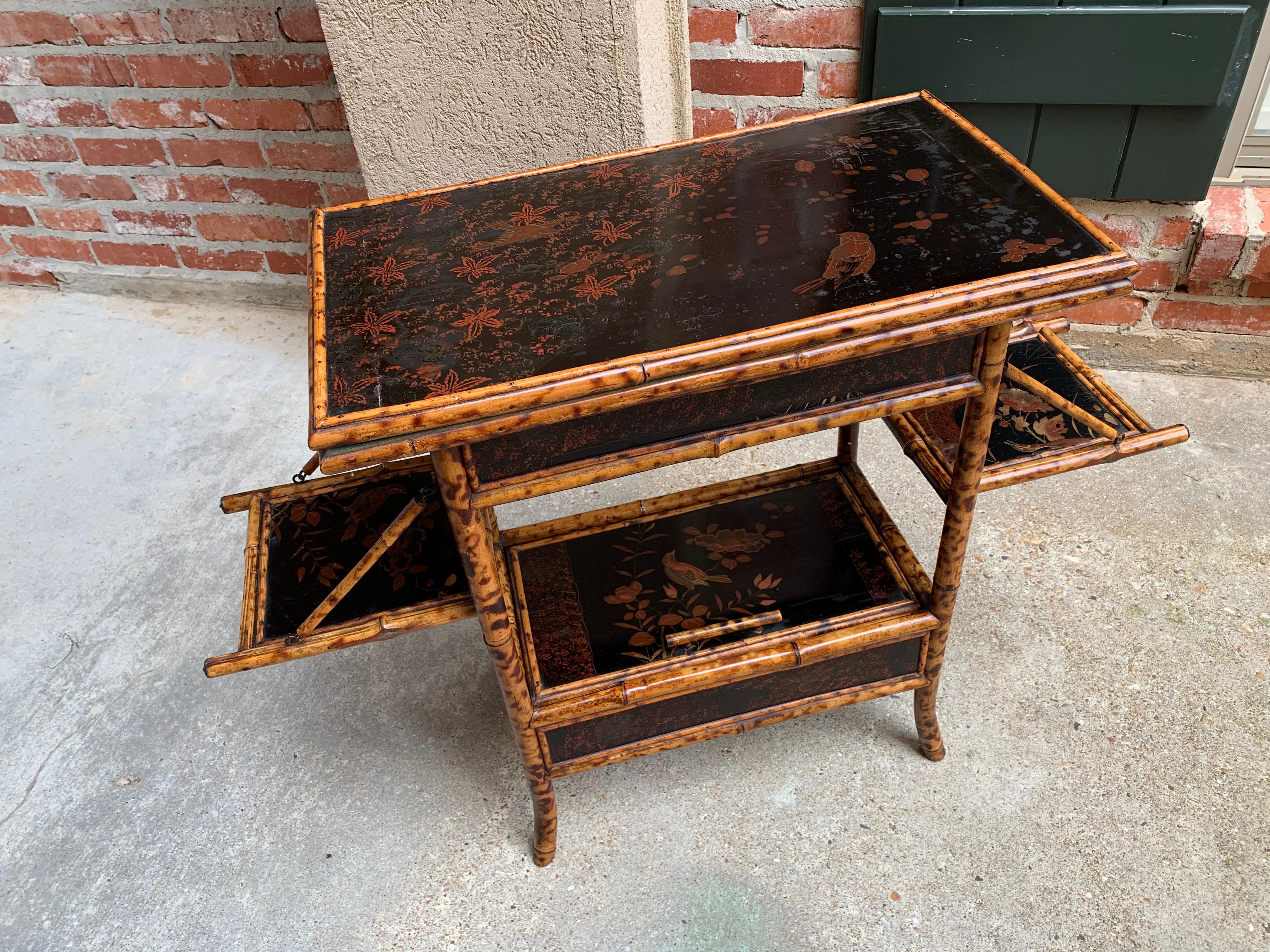19th Century English Tortoise Bamboo Lacquer Game Table Side Sofa Table, Japan In Good Condition In Shreveport, LA