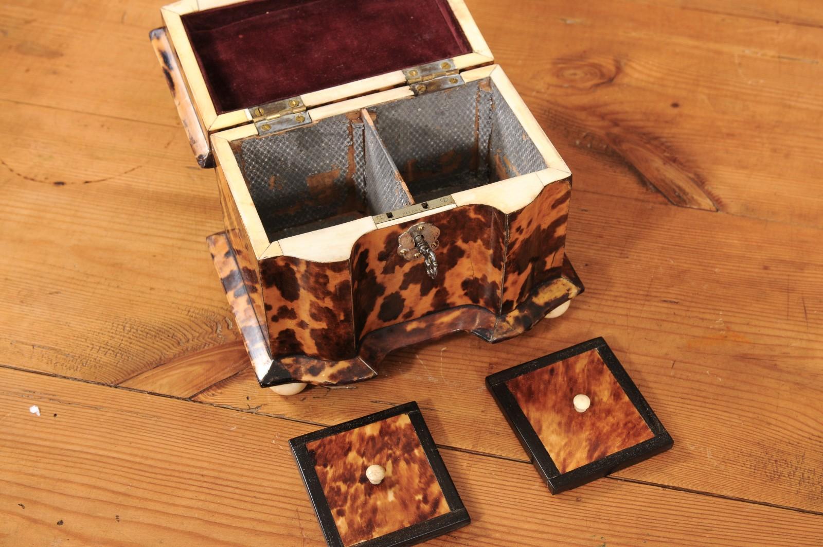 Écaille Boîte à thé en écaille de tortue anglaise du 19e siècle avec détails en argent et en os en vente