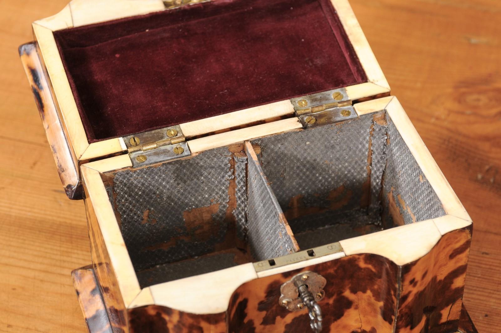 Boîte à thé en écaille de tortue anglaise du 19e siècle avec détails en argent et en os en vente 1