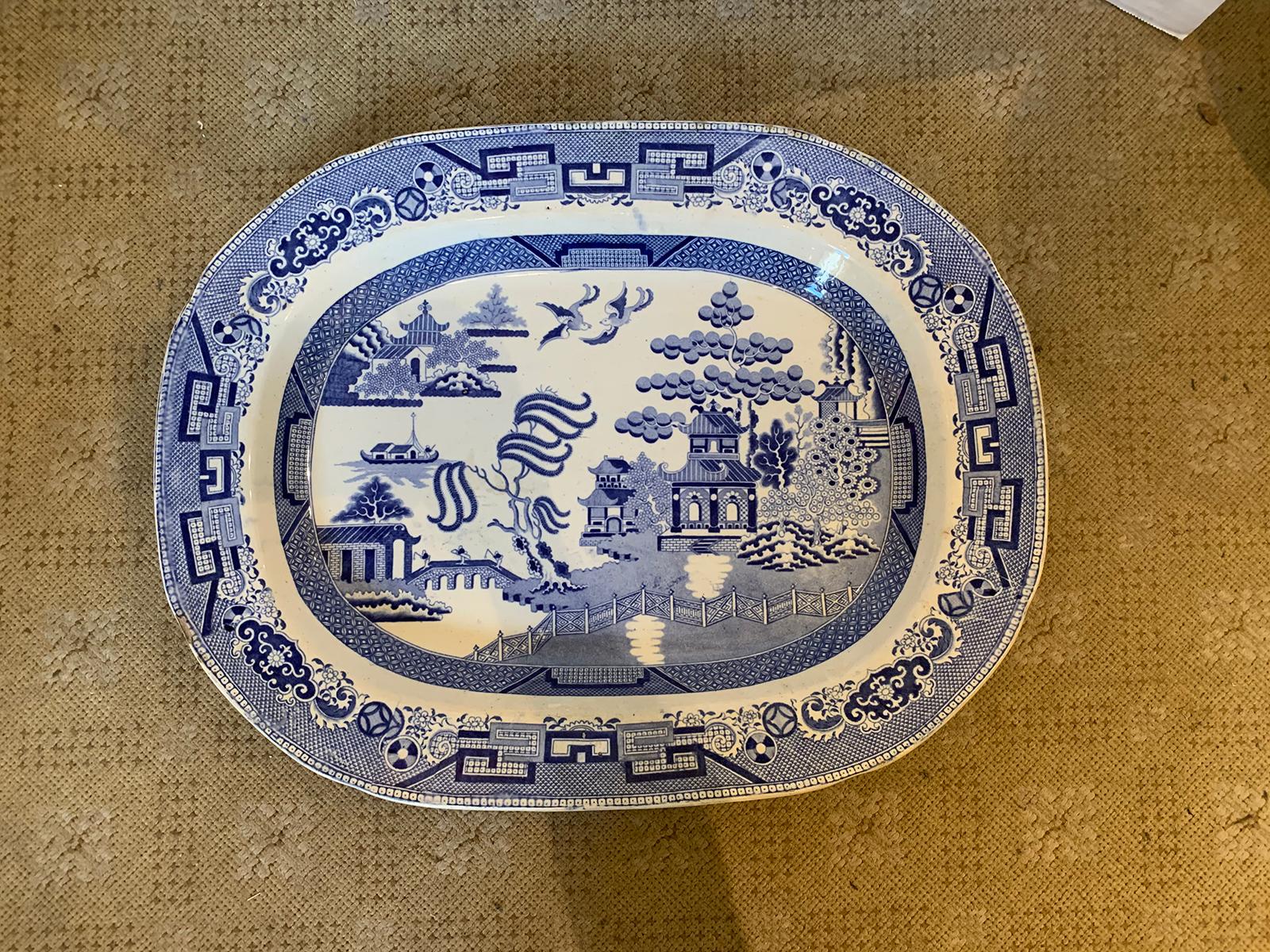 19th century English transfer pearlware charger / meat platter in blue willow pattern, unmarked.
