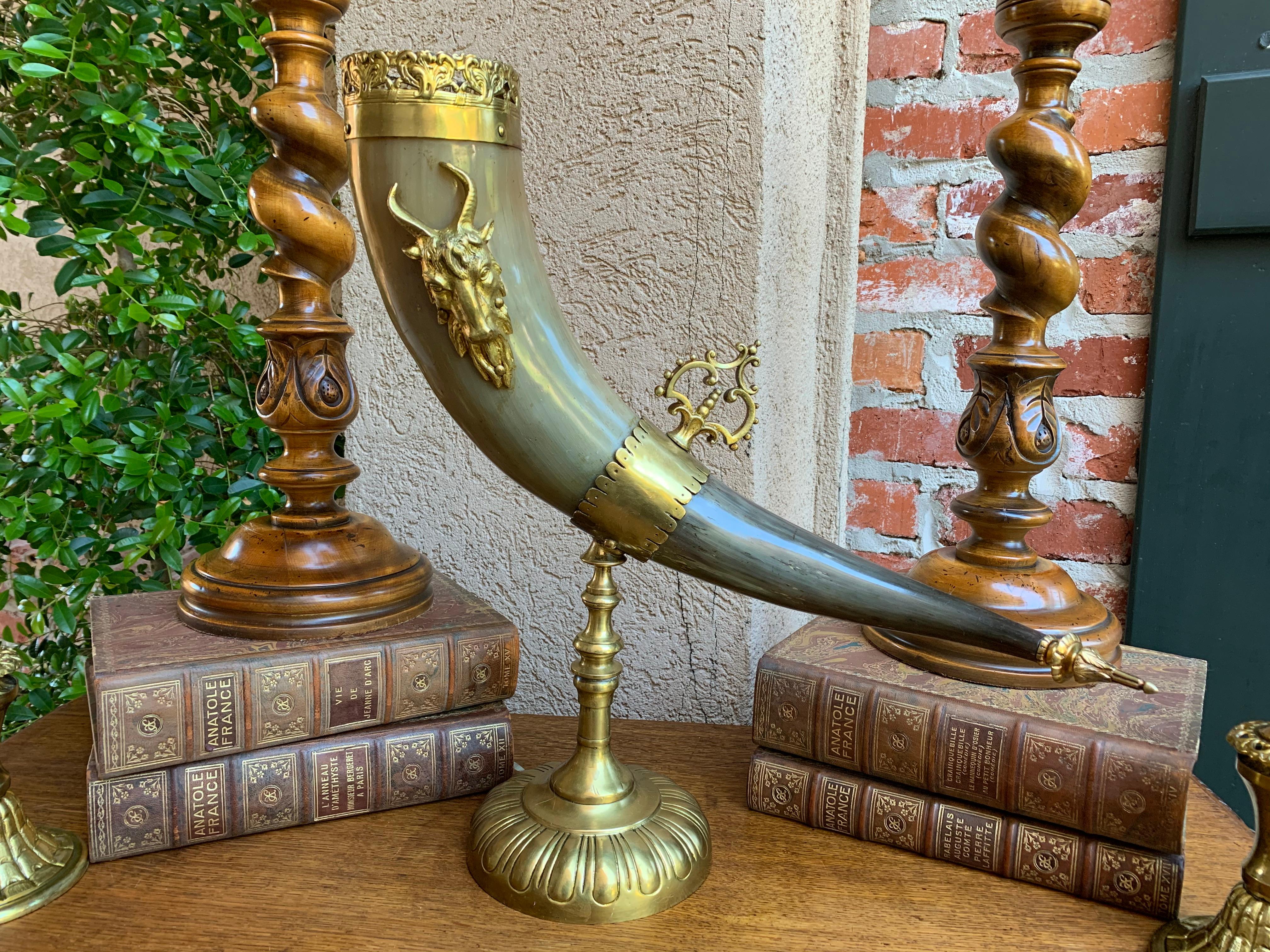 Direct from England, just arrived in our most recent container, we have several of these fabulous antique ‘hunt horns”, extremely sought after as unique accessories for a library, den or office!.~

~History – In 19th century Europe these antique